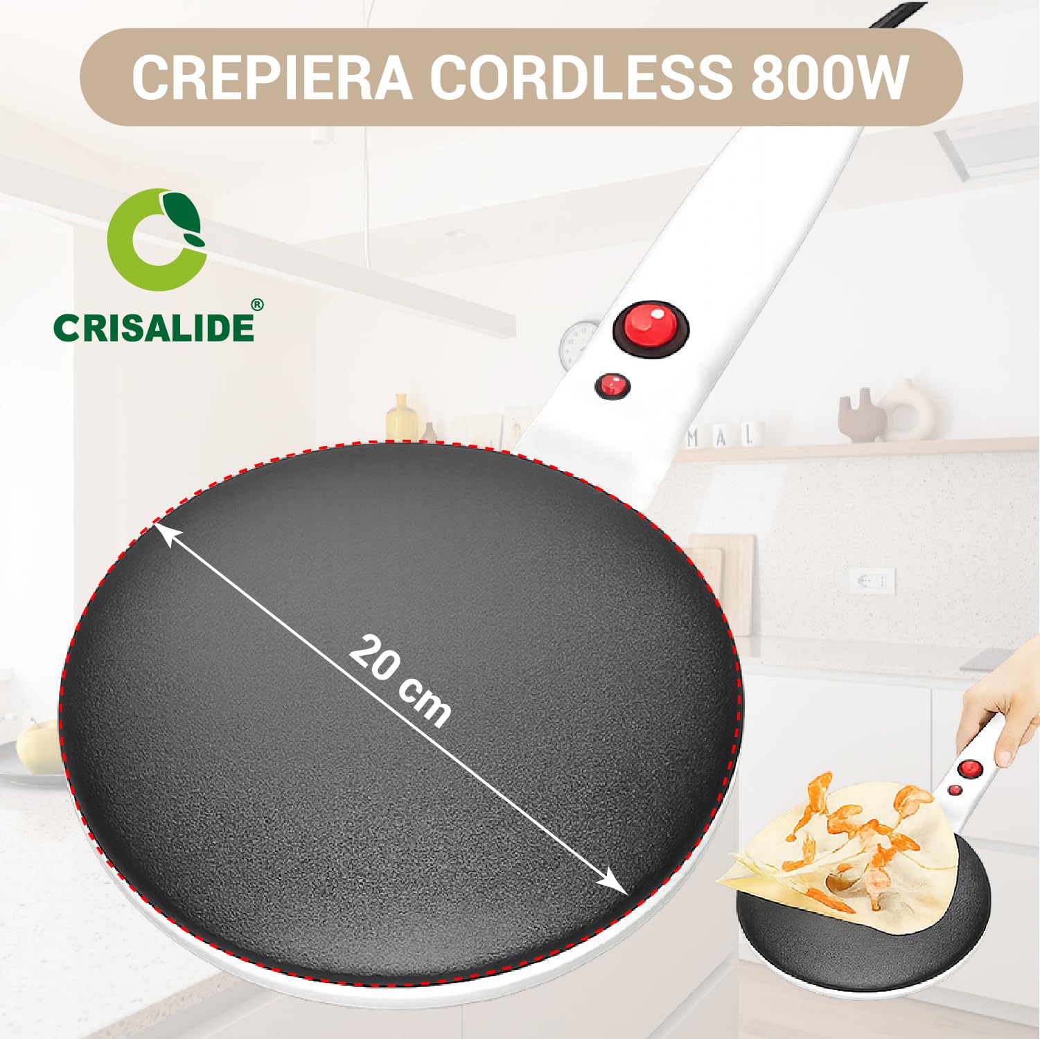 CRISALIDE® Crepiera Elettrica Cordless 800W – Macchina per Crêpes Antiaderente Ø20 cm con Rotazione 360°, Ciotola per Impasto Inclusa, Manico Antiscottatura e Interruttore ON/OFF