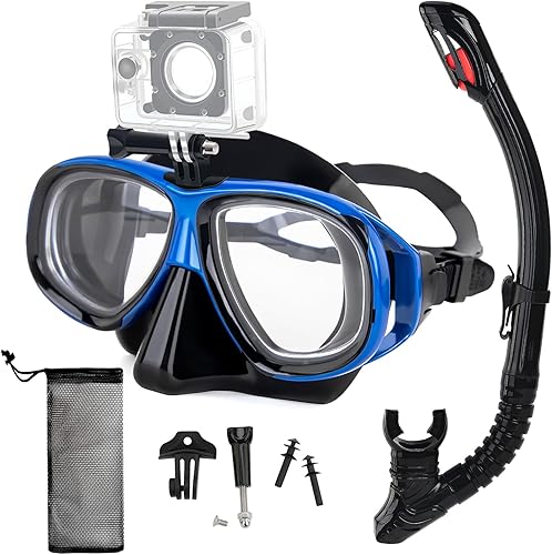 Miniatura 1 de Equipo de esnórquel para adultos y jóvenes, juego profesional de esnórquel de silicona con parte superior seca completa, máscara de buceo antivaho