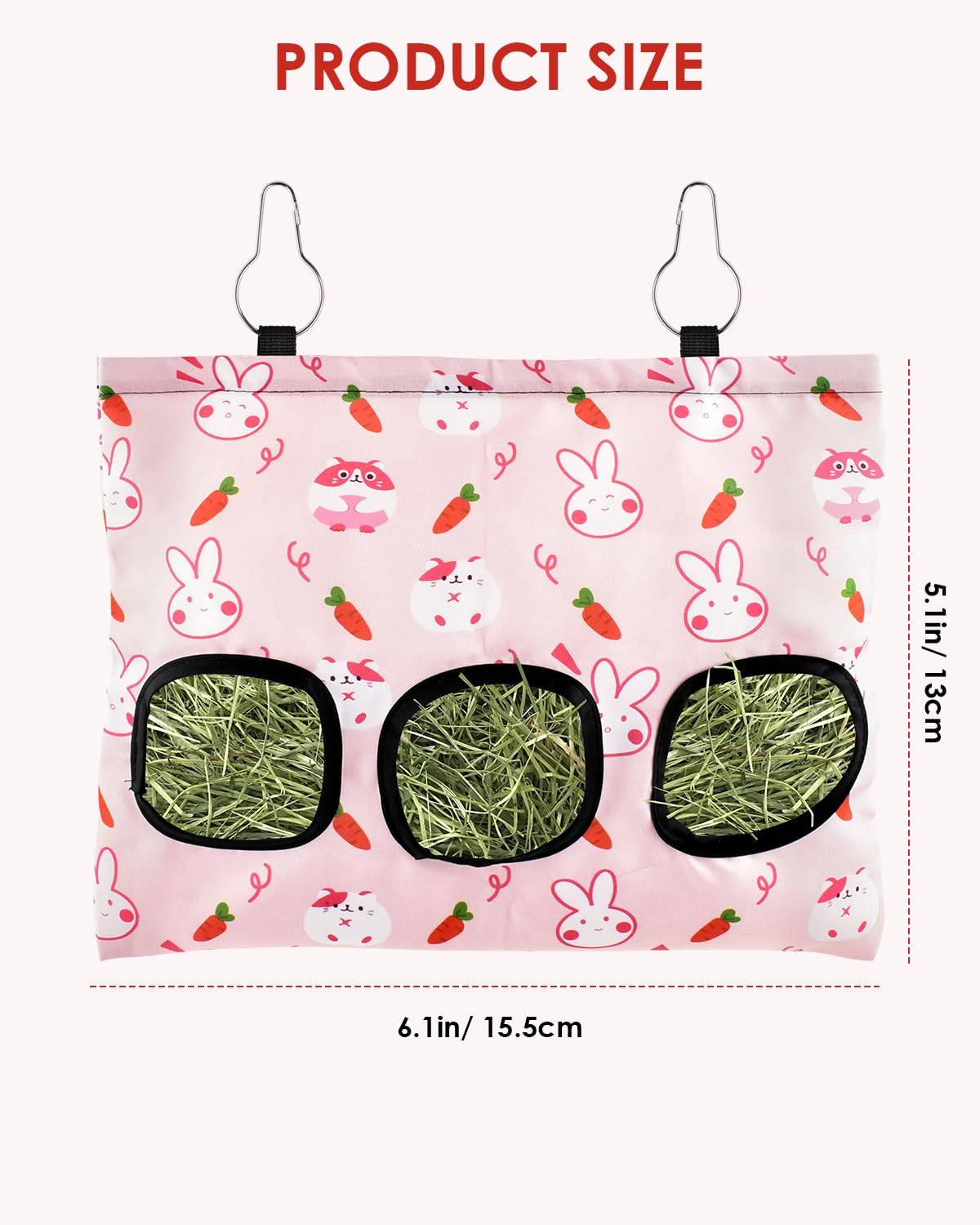 ERKOON 3-Hole Hay Bag for Rabbits & Guinea Pigs, Hanging Hay Feeder, Large-Capacity Grass Rack with Bunny & Carrot Design - Image 2