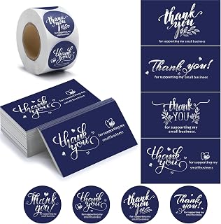 600 Pcs Thank You for Supporting My Small Business Cards and Stickers, Blue | Package Inserts and Envelope Seals for Retail, 4 Designs, Small Shop Owner Appreciation Supplies