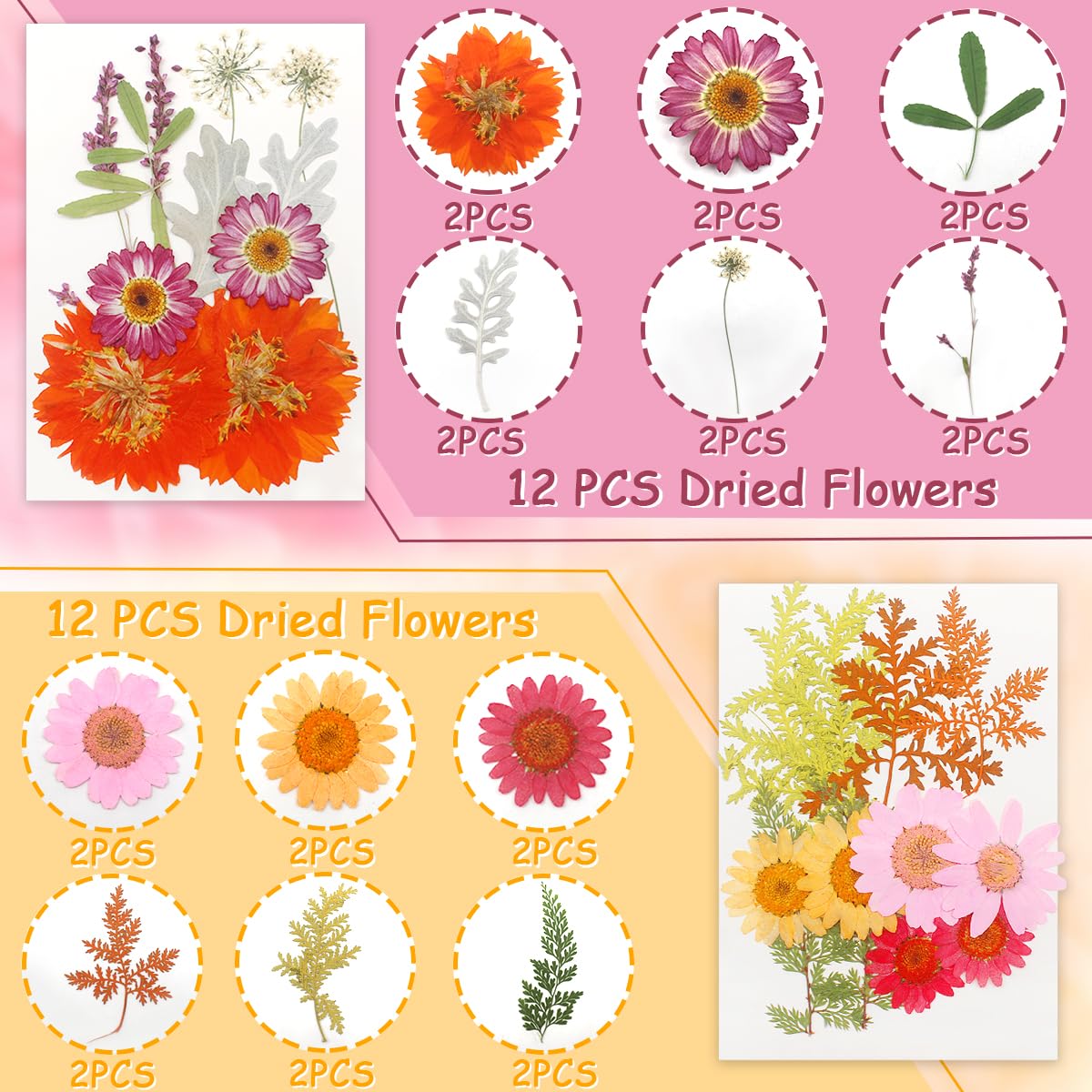 Cinvo 48 Pcs Real Dried Pressed Flowers and Leaves Natural Dried Petals Greenery with Tweezer for Candle Resin Jewelry Soap Nail Pendant Phone Case Crafts Making Floral Decors DIY Embellishments - Image 2