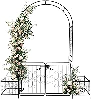 VINGLI Garden Arbor Arch with Gate & Planter Box - Metal Wedding Trellis for Climbing Plants, Backyard Pergola Patio Decor