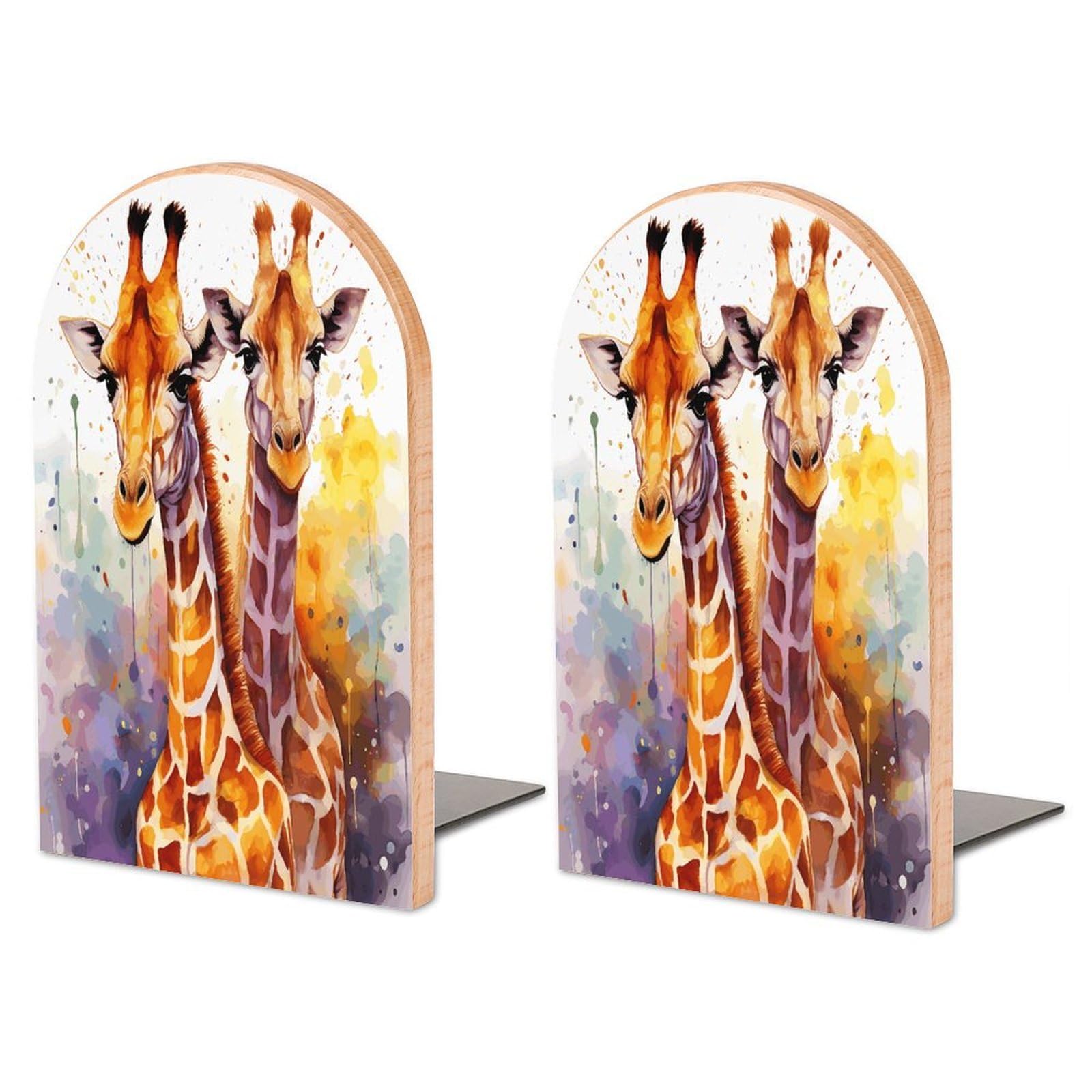 Watercolor Giraffes Bookend for Shelves Wooden Book End Large Size Sturdy Book Holders Stoppers with Metal Base for Bookshelves Slick Decorative Bookends Stands