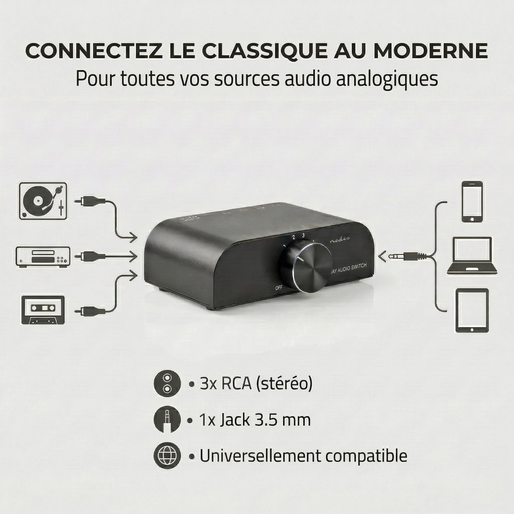 Nedis Commutateur Audio analogique | 4 Ports(s) | Connexions – Entrée : 1 x entrée Audio 3,5 mm / 3 x (2 x RCA Femelle) | Connexions – Sortie : 1 x (2 x RCA Femelle) | Manuel | Métal | Anthracite
