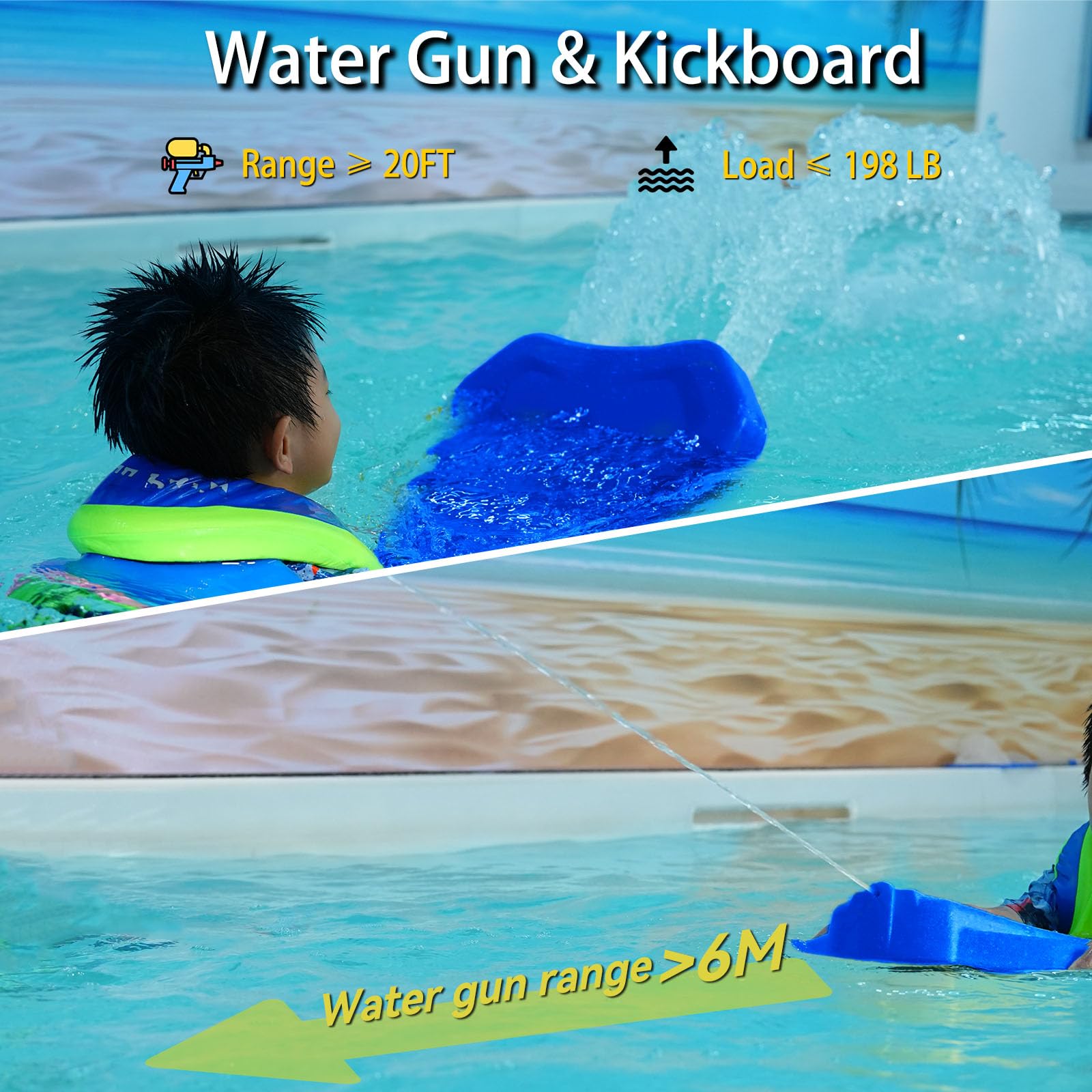Tavoletta elettrica da nuoto per bambini, getto d'acqua ed elica 2 in 1, galleggiante per scooter d'acqua per allenamento di nuoto, spinta 6,1 kgf, batteria 24 V/4,6 Ah, durata di 45 minuti, carico