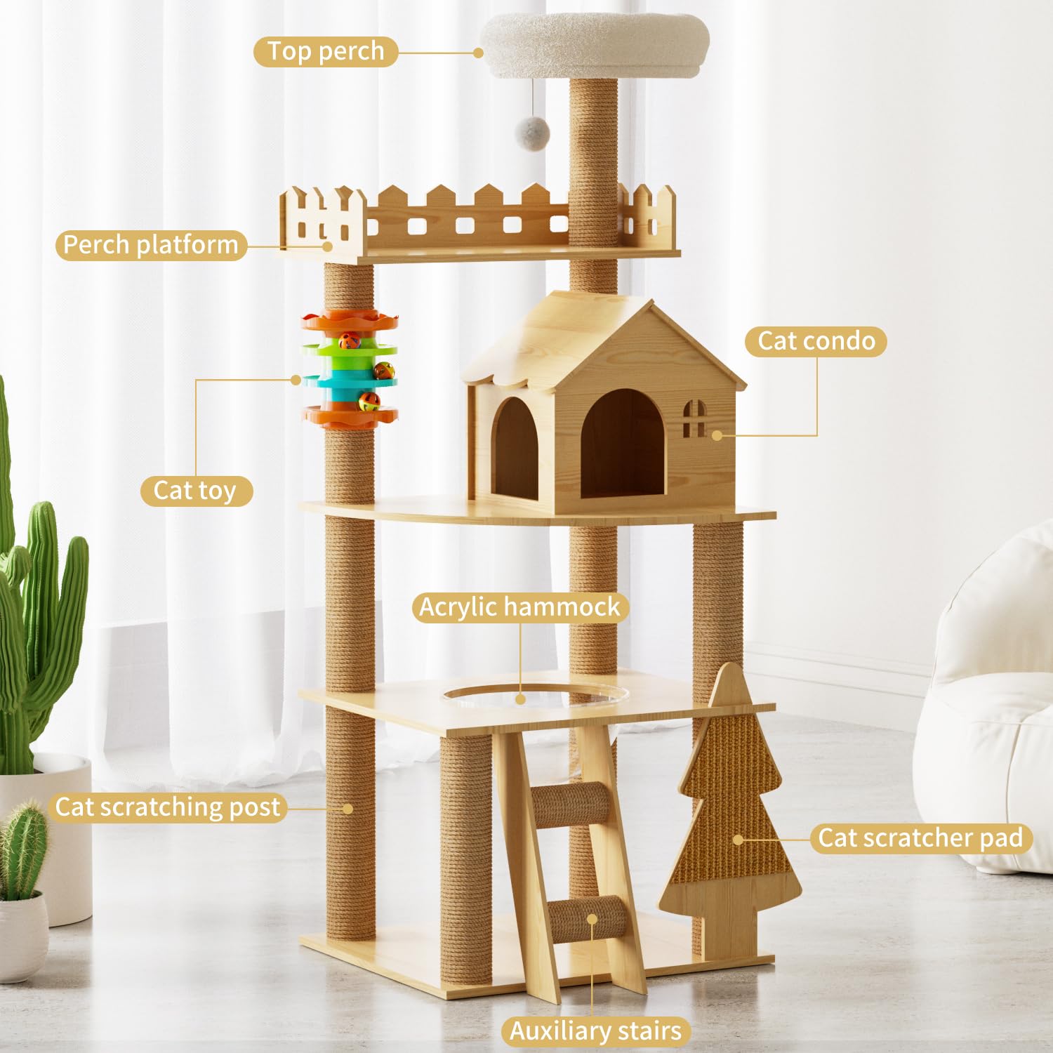 Elegaif Cat Tree, Wood Cat Tree Tower for Indoor Cats, 60.7