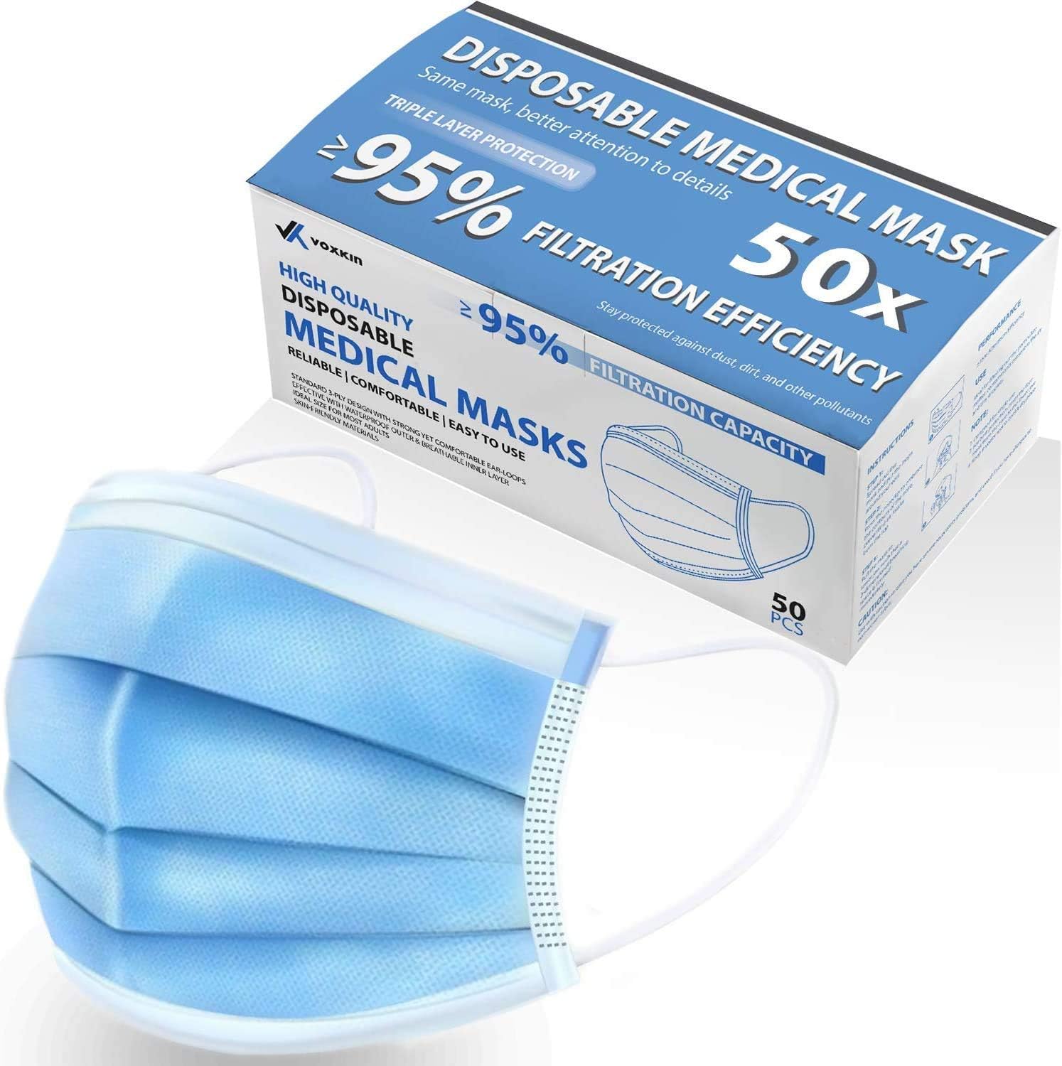 Voxkin Blue Disposable Medical Face Masks Pack of 50