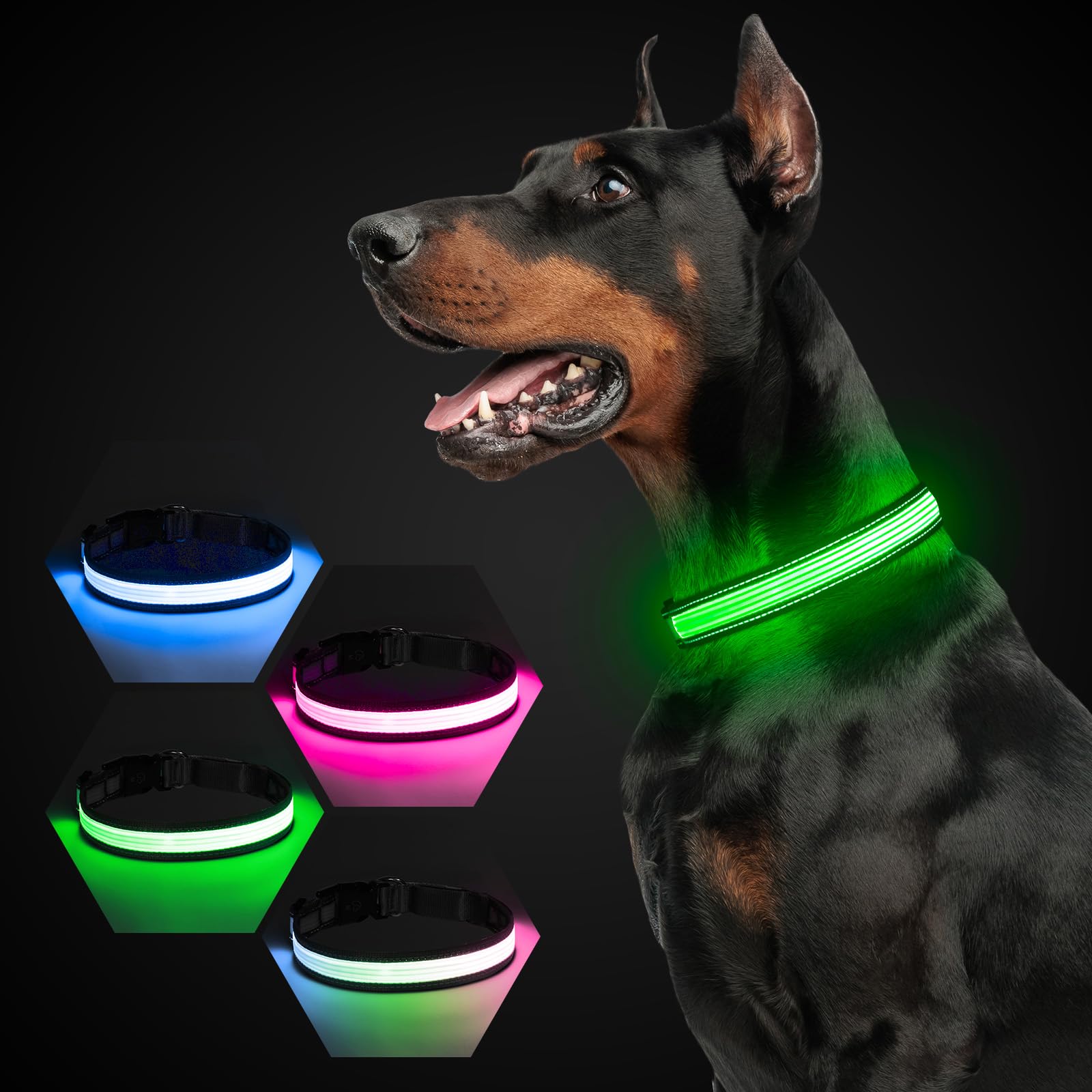 Luminous Dog Collar USB-C Rechargeable Reflective Glow in the Dark with 7 Lighting Modes for Night Safety, Grey, S