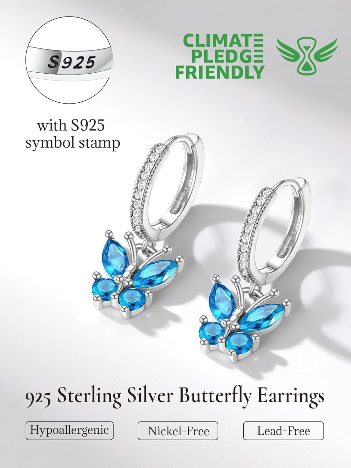 SILVERCUTE 925 Sterling Silver Butterfly Earrings - Hypoallergenic Birthstone Earrings for Women, Butterfly Dangle Earring,Dainty Birthday Gifts for Women/Her - Image 5