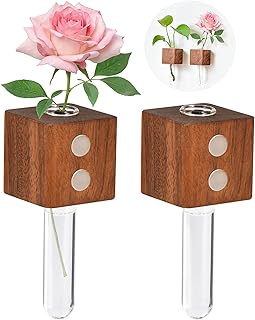 Mini Vase Fridge Magnets, Cute Test Tube Plant Flower Vase, Magnetic Wooden Wall Planter Vases with Glass Tube, Wood Refrigerator Magnet, Adsorbed on Fridge, Door, Office Decor, 2 Pack (Spade Wood)