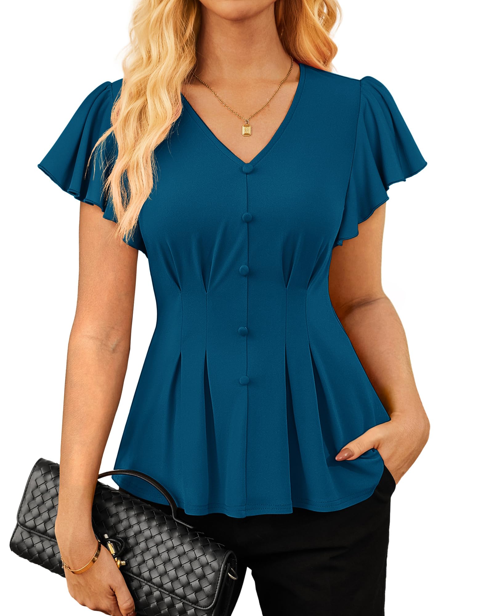 GRACE KARIN Damen Blusen Sommer Elegant V-Ausschnitt Rüschenärmel Lässige Oberteil Boxfalte Festliche Bluse mit Knopfdekor für Alltags- und Party Türkisblau S