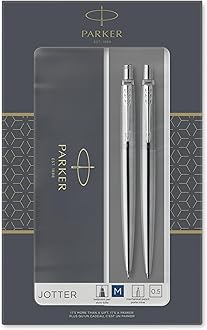 Parker Jotter Duo Gift Set with Ballpoint Pen & Mechanical Pencil (0.5mm) | Stainless Steel with Chrome Trim | Blue Ink Refill
