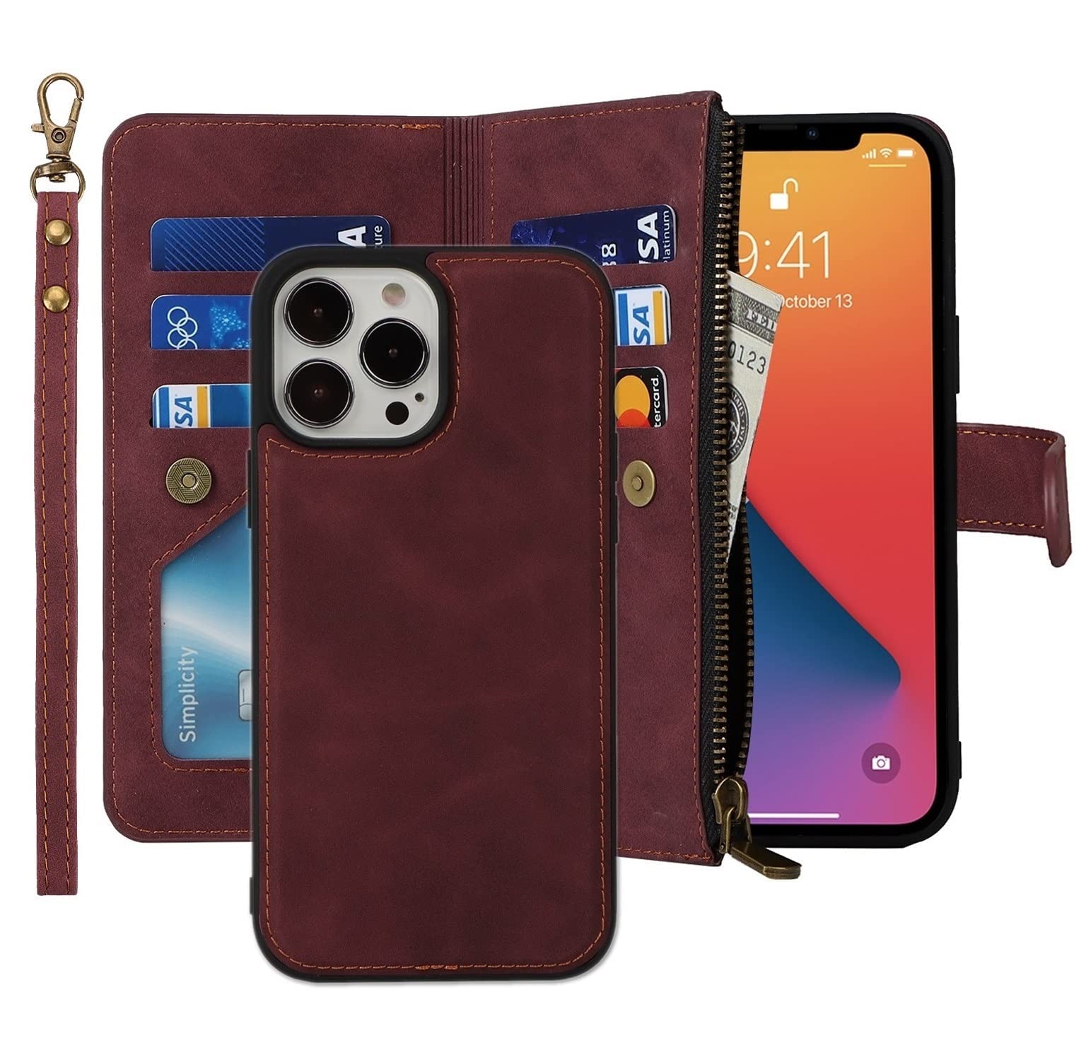iCoverCase for iPhone 13 Pro Wallet Case with Card Holder and Wrist Strap, PU Leather Kickstand Card Slots Zipper Pocket Magnetic [Detachable] Flip Cover Case 6.1 Inch (Claret)