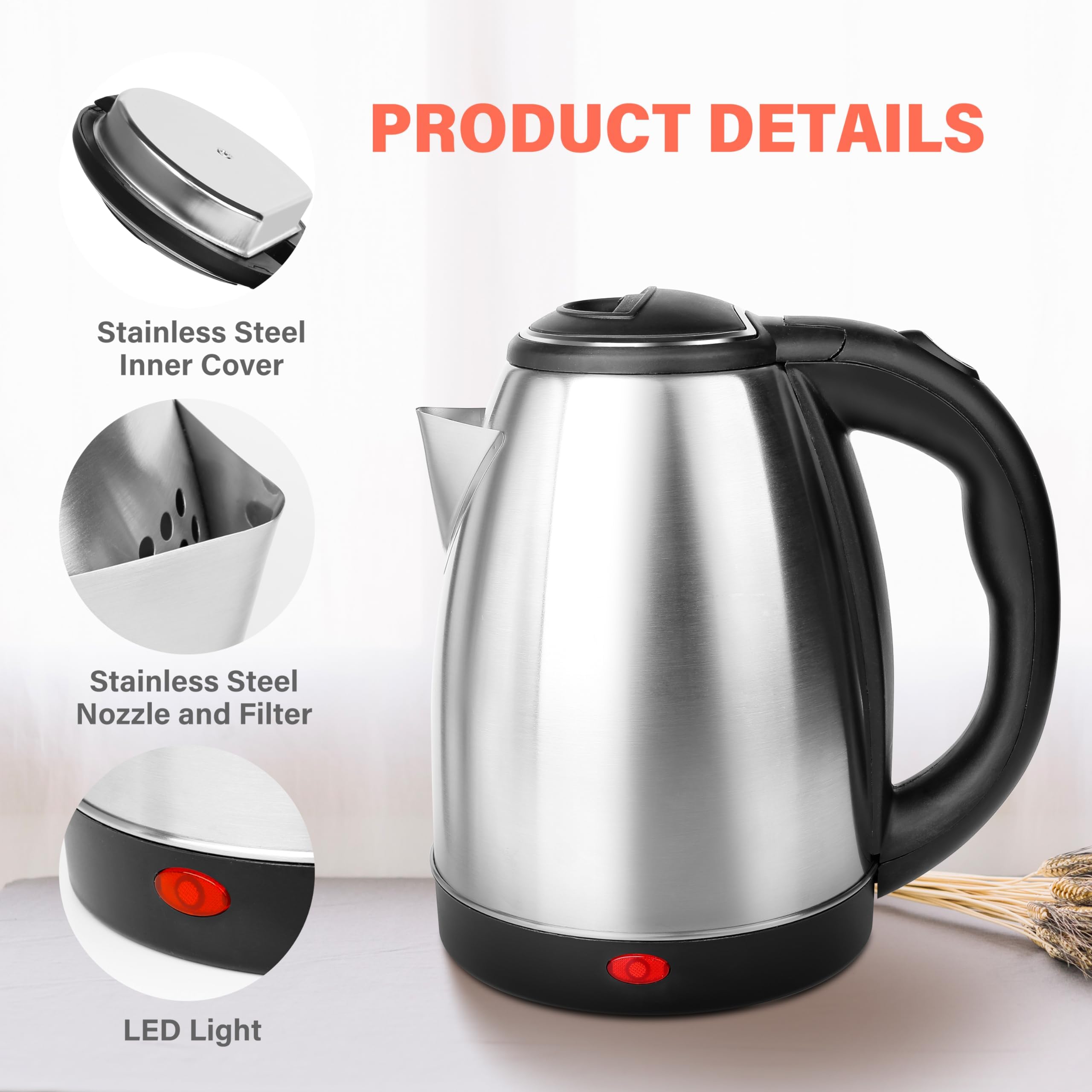 Stainless Steel Glass Kettle 1.7 Liter Quickly Boil 6 Cups of Water in Minutes, Indicator Light Illuminate While Boiling, Cordless Portable, Carefree Auto Shut-Off (1.7L 1KW Stainless Steel)