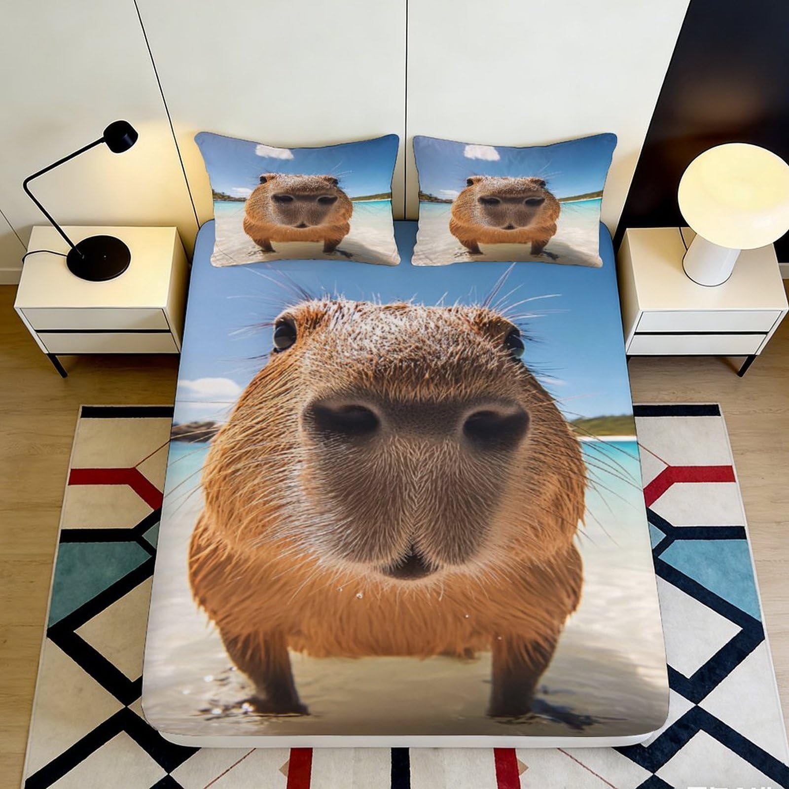 3D Printed Capybara Beach Fitted Sheet Microfiber Non-Slip Mattress Cover Animal Decor Bedroom Dorm 140x200x25cm