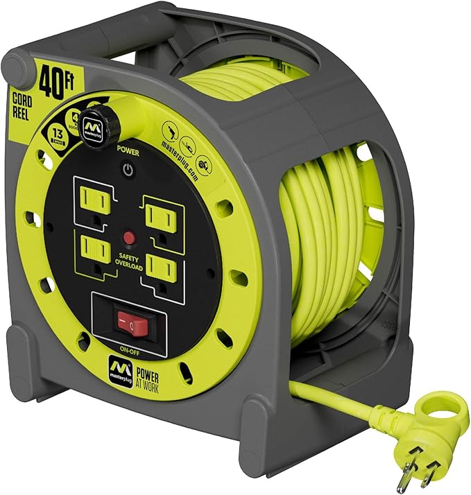 40ft Case Cord Reel, Retractable Extension Lead with Winding Handle, Safety Overload Circuit Breaker and Power Switch, 4X Grounded Outlets, 13amps, 14AWG Cable