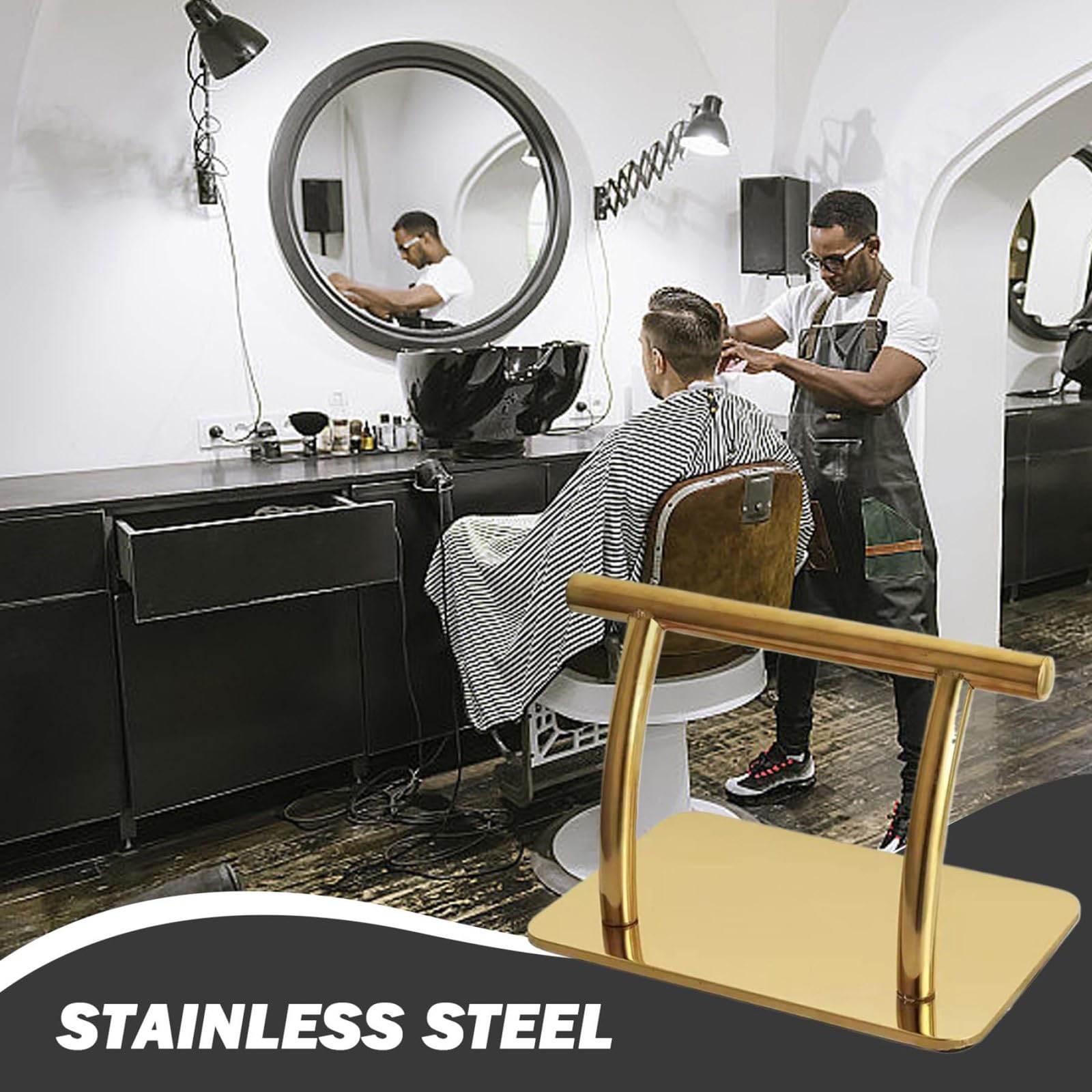 Salonstuhl-Fußstütze, freistehendes Edelstahl-Tablett mit erhöhtem Rohr für Styling-Stationen, Friseurstuhl, Fußstütze, Tablett, Salon-Plattform, Edelstahl-Zubehör, Bodenfuß