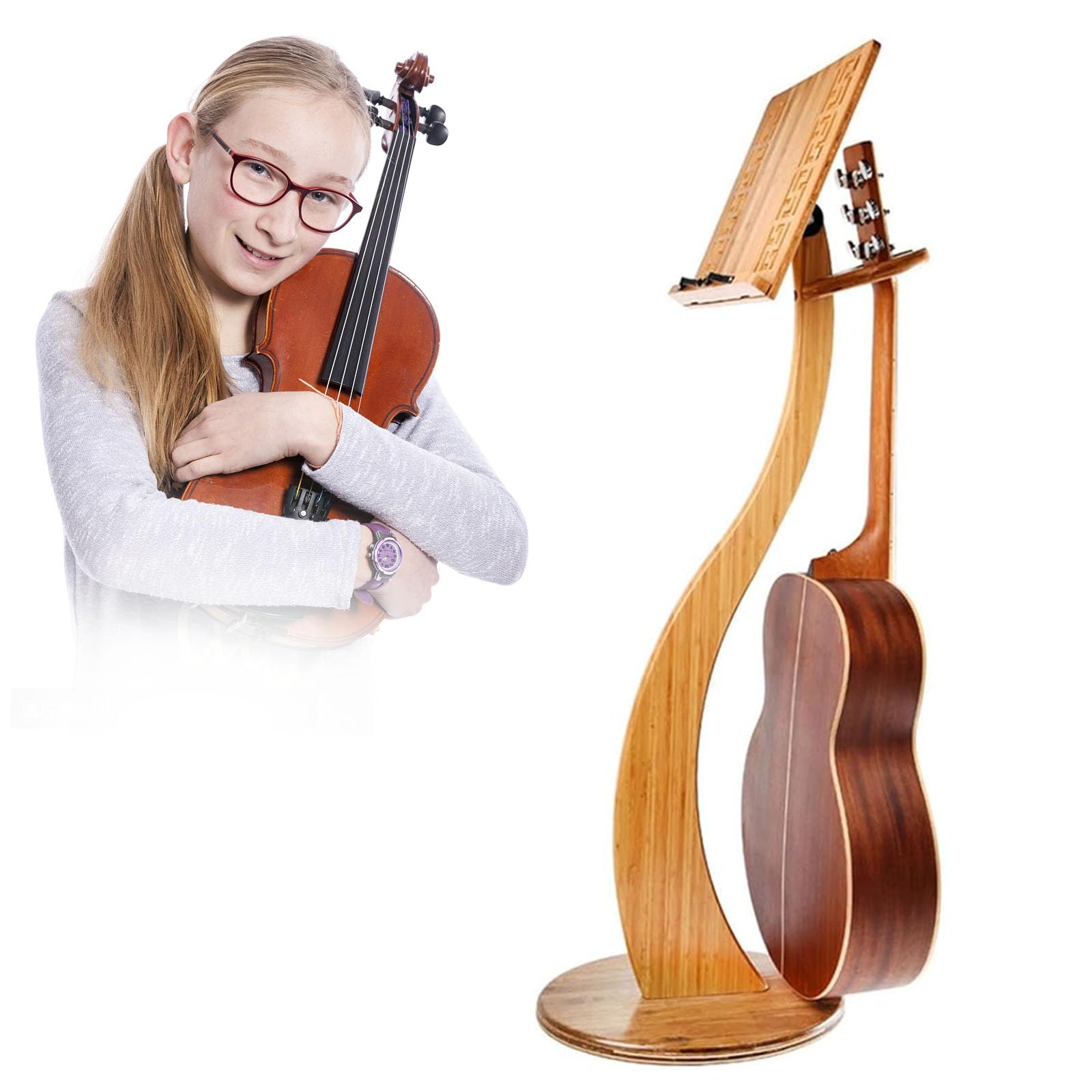 Atril De Madera para Partituras con Soporte De Bambú Extraíble para Director De Partituras con Colgador para Violín, Diseño Giratorio De 340°, Ángulo Ajustable para Guitarr,