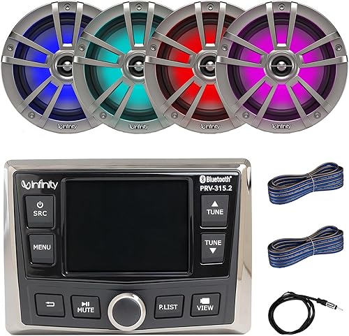 Infinity Marine Gauge Style AM/FM Bluetooth AUX/USB Receptor estéreo, dos pares (4) altavoces LED multicolor de titanio de 6.5 pulgadas y 225 vatios