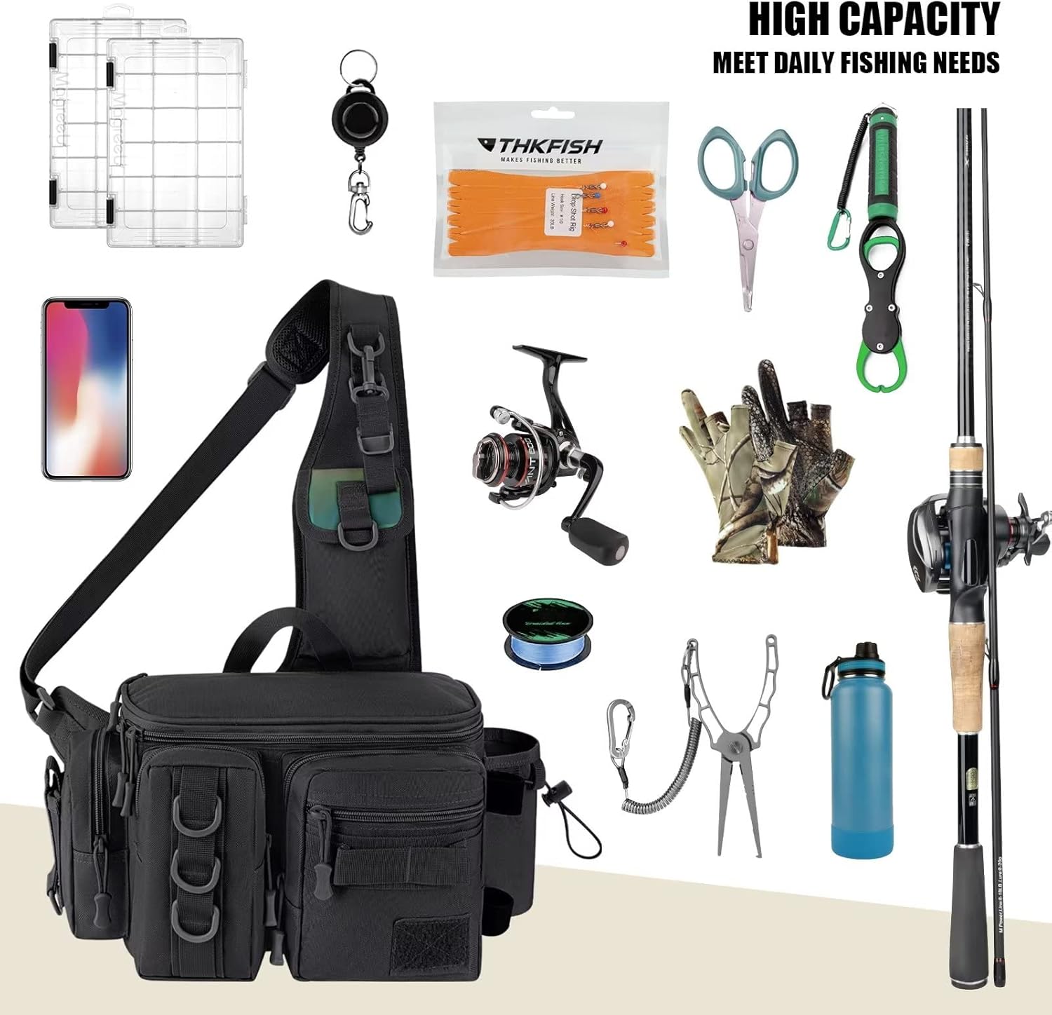 THKFISH Fishing Tackle Bag Fly Fishing Bag Sling Pack Portable Fishing fanny pack Waist Pack with D-Rings and Waist Strap Black