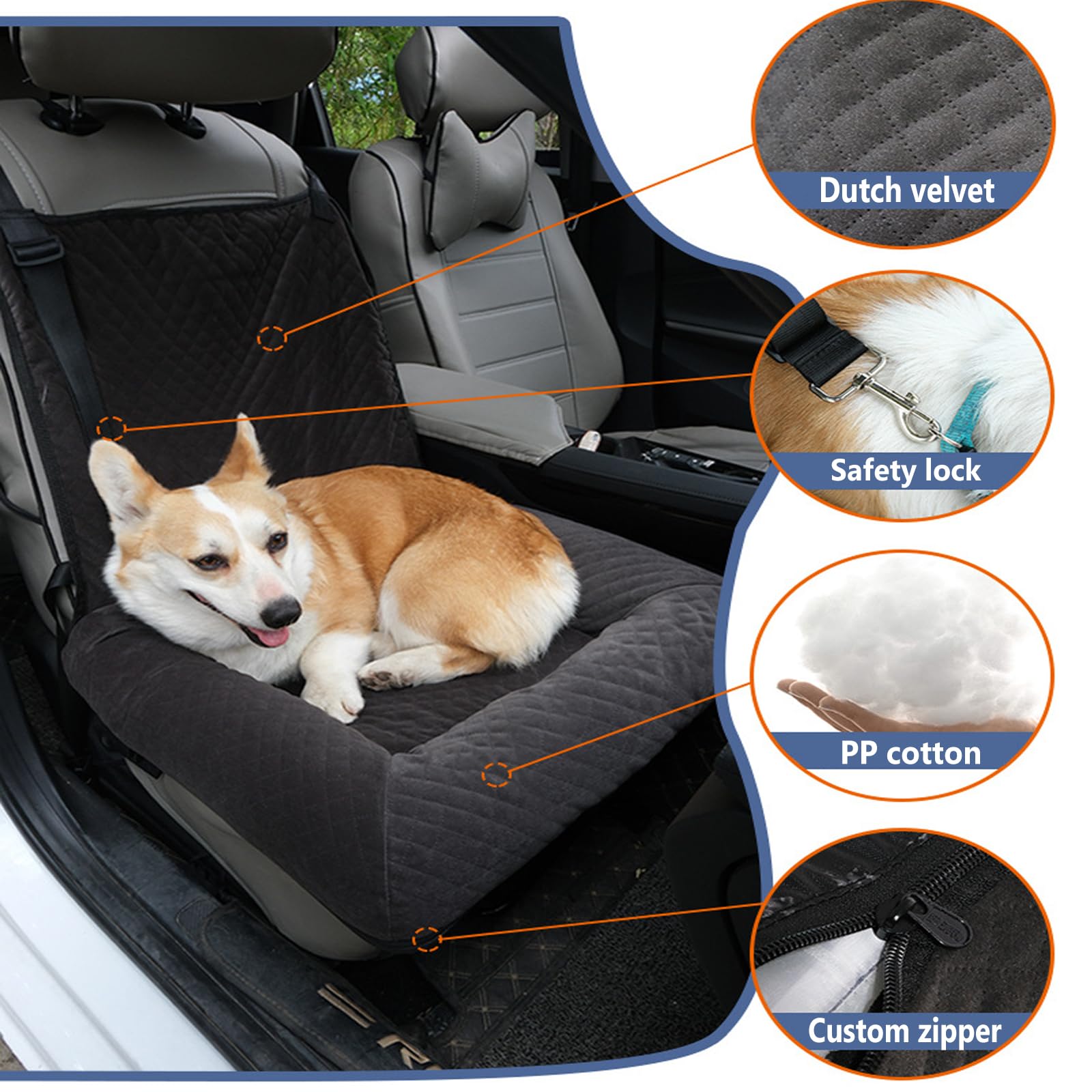 PJDDP Afneembare wasbare hondenautostoel, huisdierverhoger voor kleine en middelgrote honden, katten, reispuppy-autodrager met veiligheidsslot en verstelbare gesp
