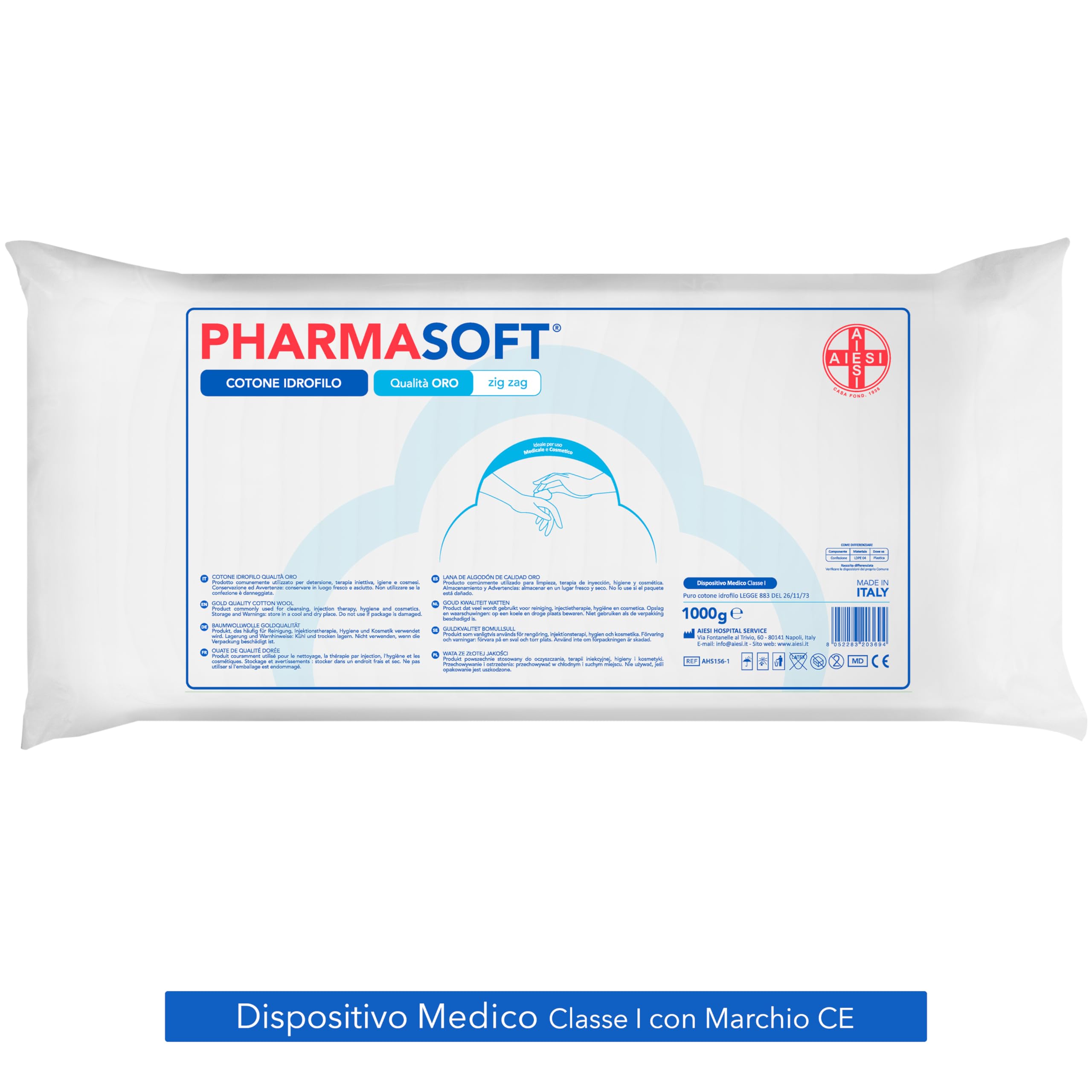 AIESI® Cotone idrofilo (1 kg) qualità oro a zig zag per uso sanitario PHARMASOFT, Made in Italy