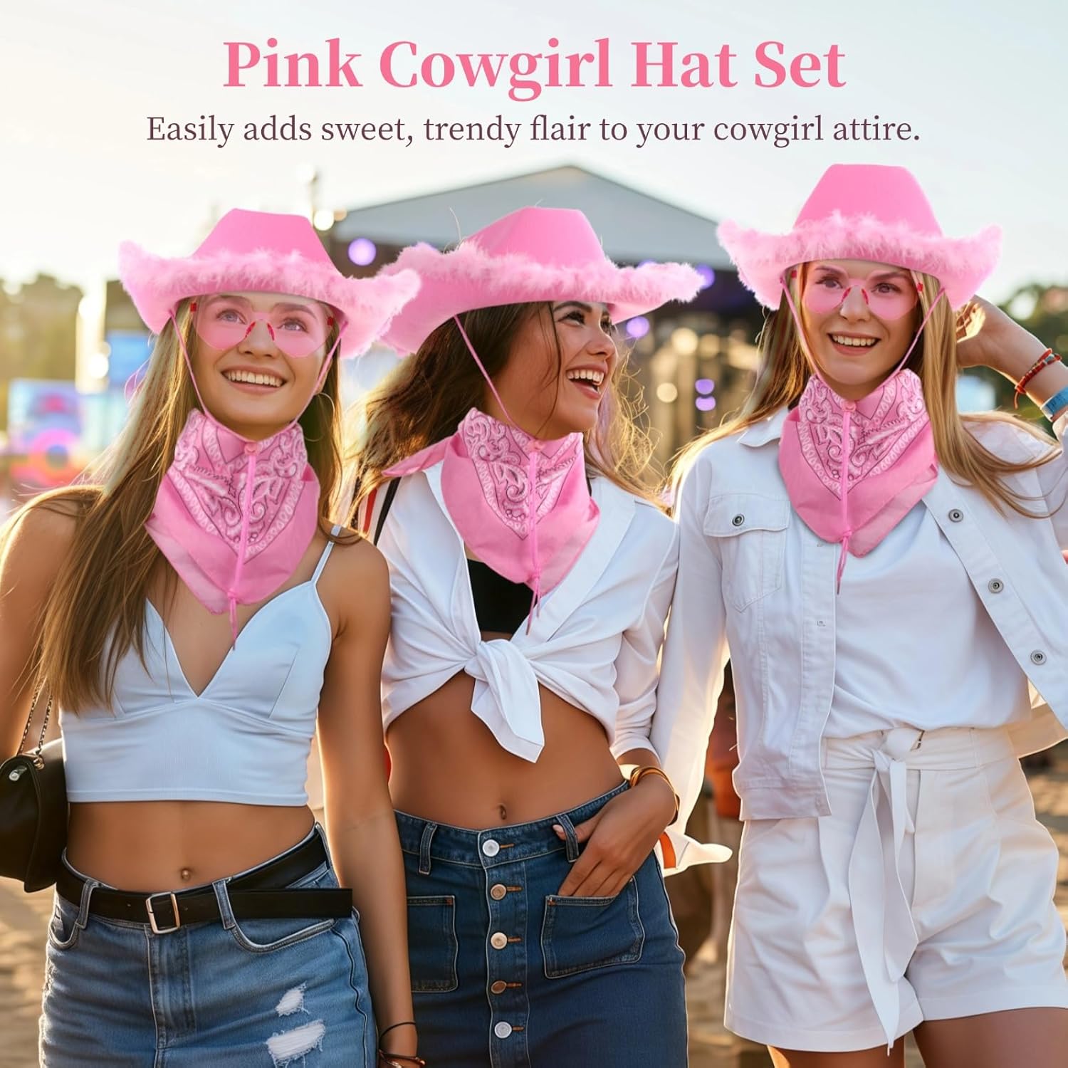4 Set Pink Cowgirl Hats, Cowboy Hats with Heart-Shaped Sunglasses & Bandanas, Western Hats with Feathers for Women, Cow Costume Accessories for Fun Parties and Dress-Up Events