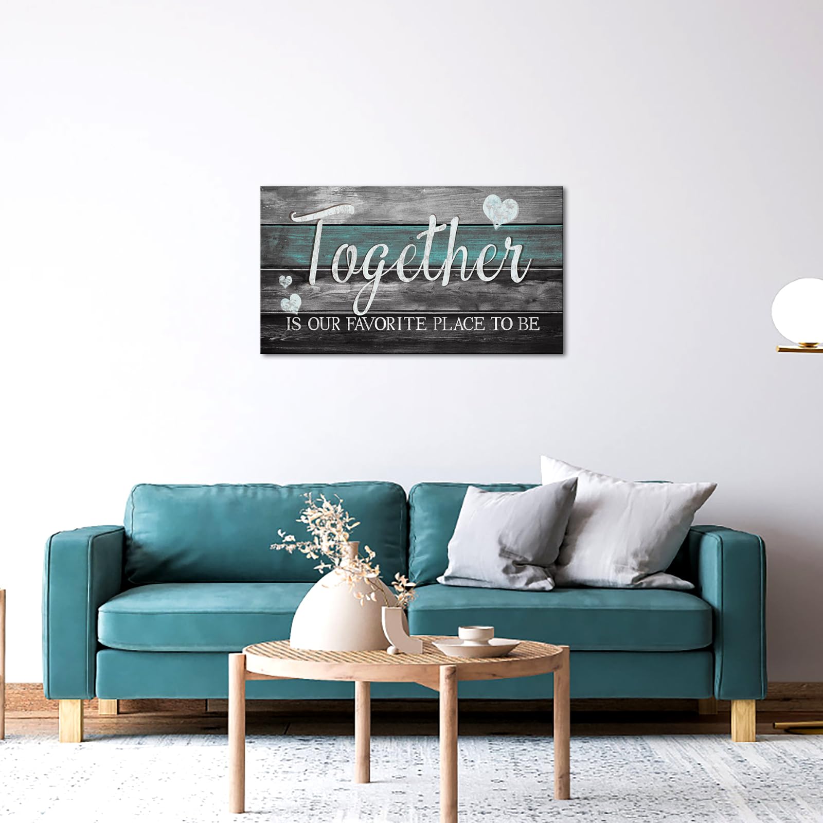 SkenoArt Lienzo decorativo para pared con citas inspiradoras de familia, estilo rústico Together is Our Favorite Place to Be Signs, baño, dormitorio, decoración de pared, fácil de colgar, 20 x 36
