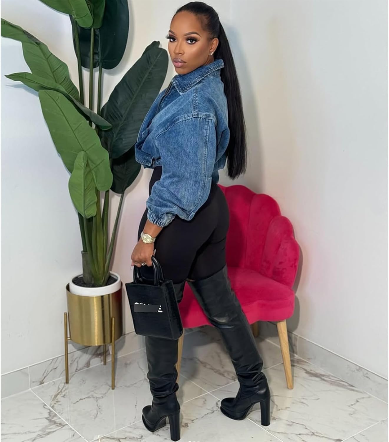 Molilove Cropped Jean Jackets for Women Long Sleeve Lapel Neck Zipper Up Varsity Jackets Denim Bomber Coats with Pockets - Image 4