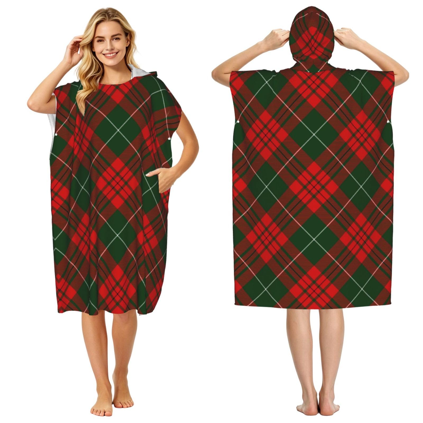 Poadnly Christmas Scottish Tartan, Adult Hooded Beach Towel 90 x 110 cm,Changing Bath Robe, Surf Poncho Towel For Women Men