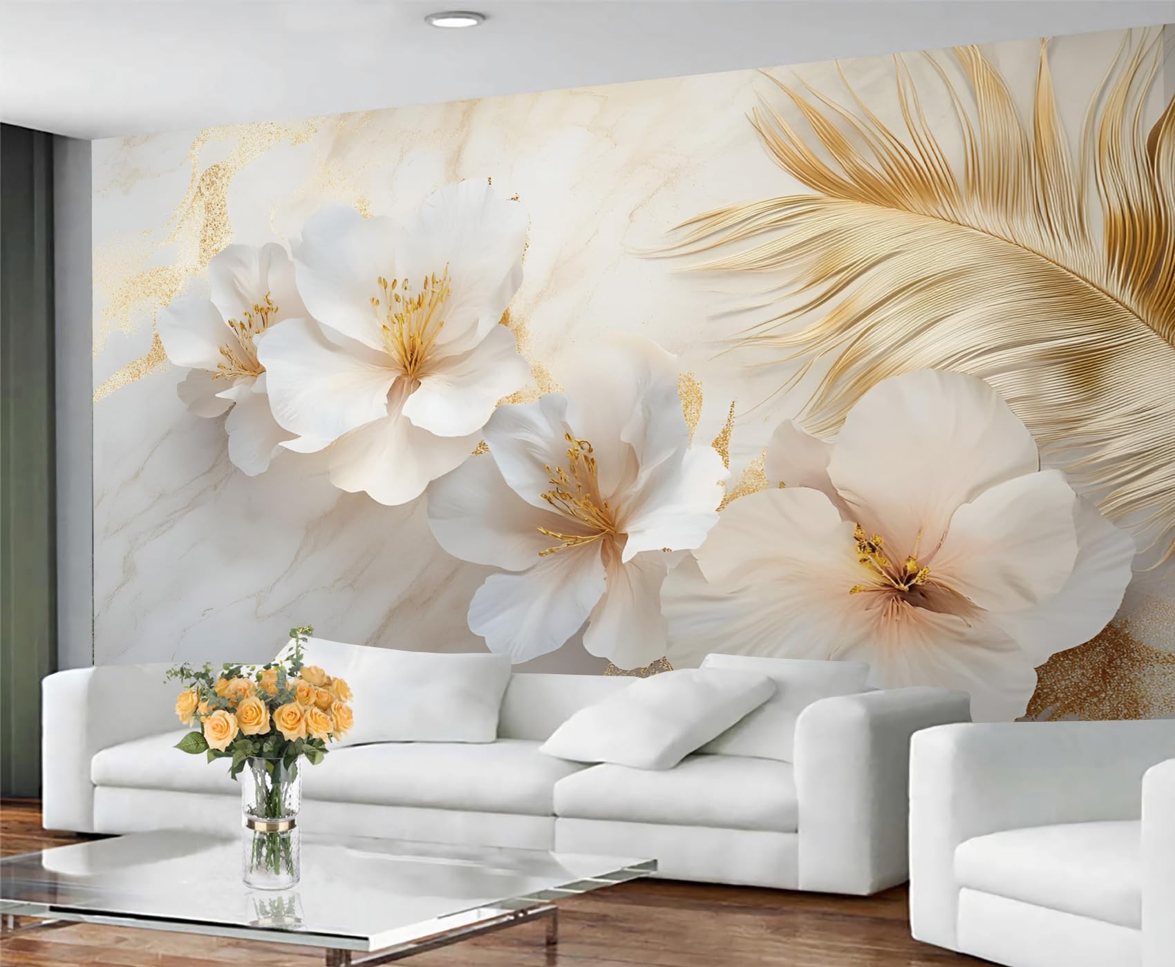 GIVLWF Floral Wallpaper, White Flowers Self Adhesive Wallpaper for Living Room, Renter Friendly Wall Paper for Bedroom, Nordic Simple Wall Mural - Large Home Decor 350x250 cm — image 1