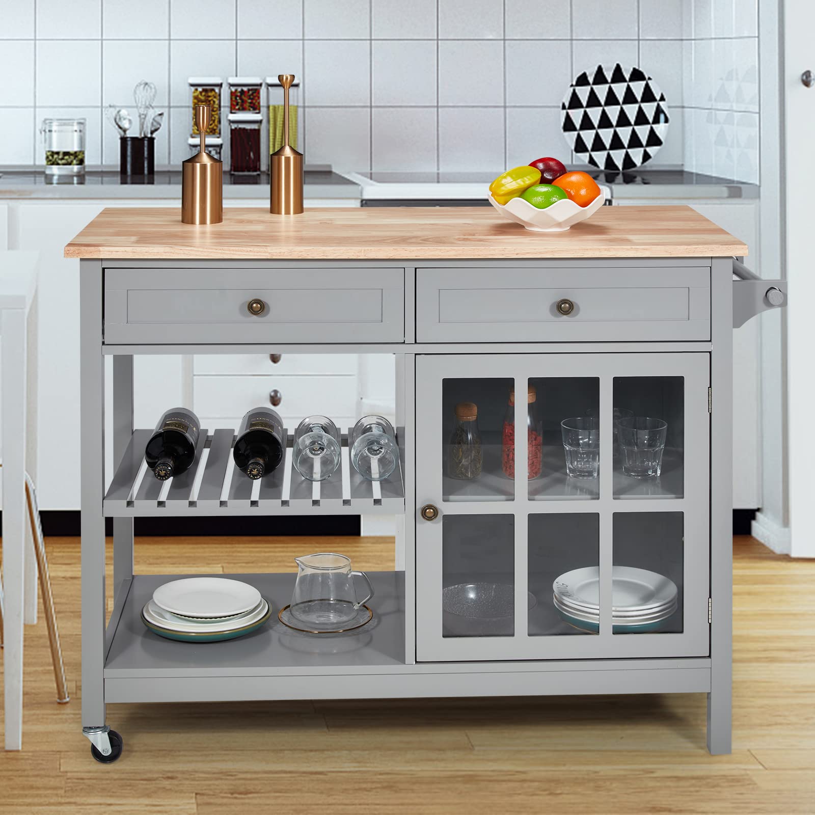 AVAWING Rolling Kitchen Island Cart with Storage, 42" Width Kitchen Cart w/ 2 Wheels, Coffee Cart with Drawers & Openshelves & Glass Cabinet & Towel