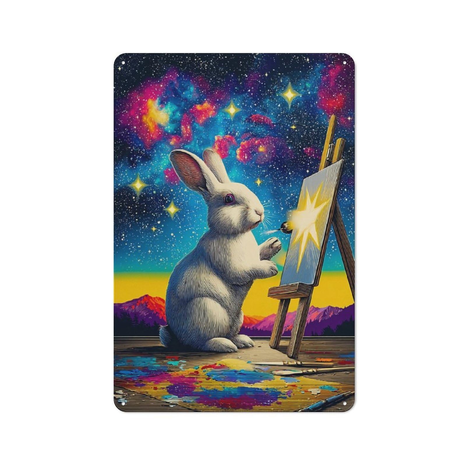 Junmoney Rabbit Painting Starry Sky-1 Cottage Metal Wall Decor 30X20cm, Shed Metal Sign For Conservatory, Home Bar Or Utility Room
