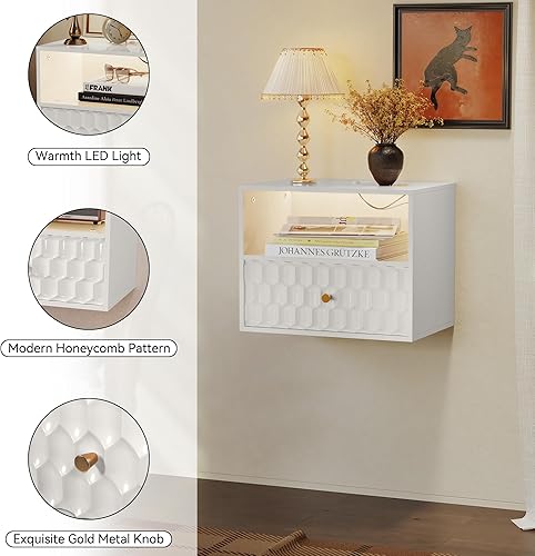 Miniatura 6 de HLR Mesita de noche flotante con luz, moderna mesita de noche con cajón, mesita de noche de madera decorativa para dormitorio, mesa auxiliar