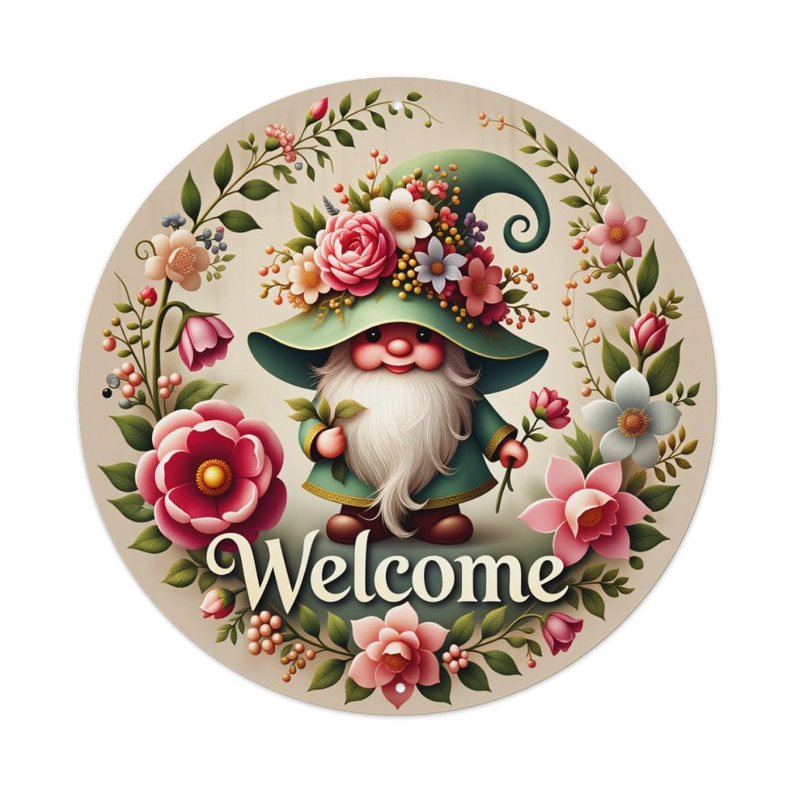 Floral Gnome Welcome Sign Art Round Tin Sign Vintage Metal Poster Retro Bar, Home, Man Cave, Kitchen, Laundry Room Wall Art Decor Gift 8x8Inch