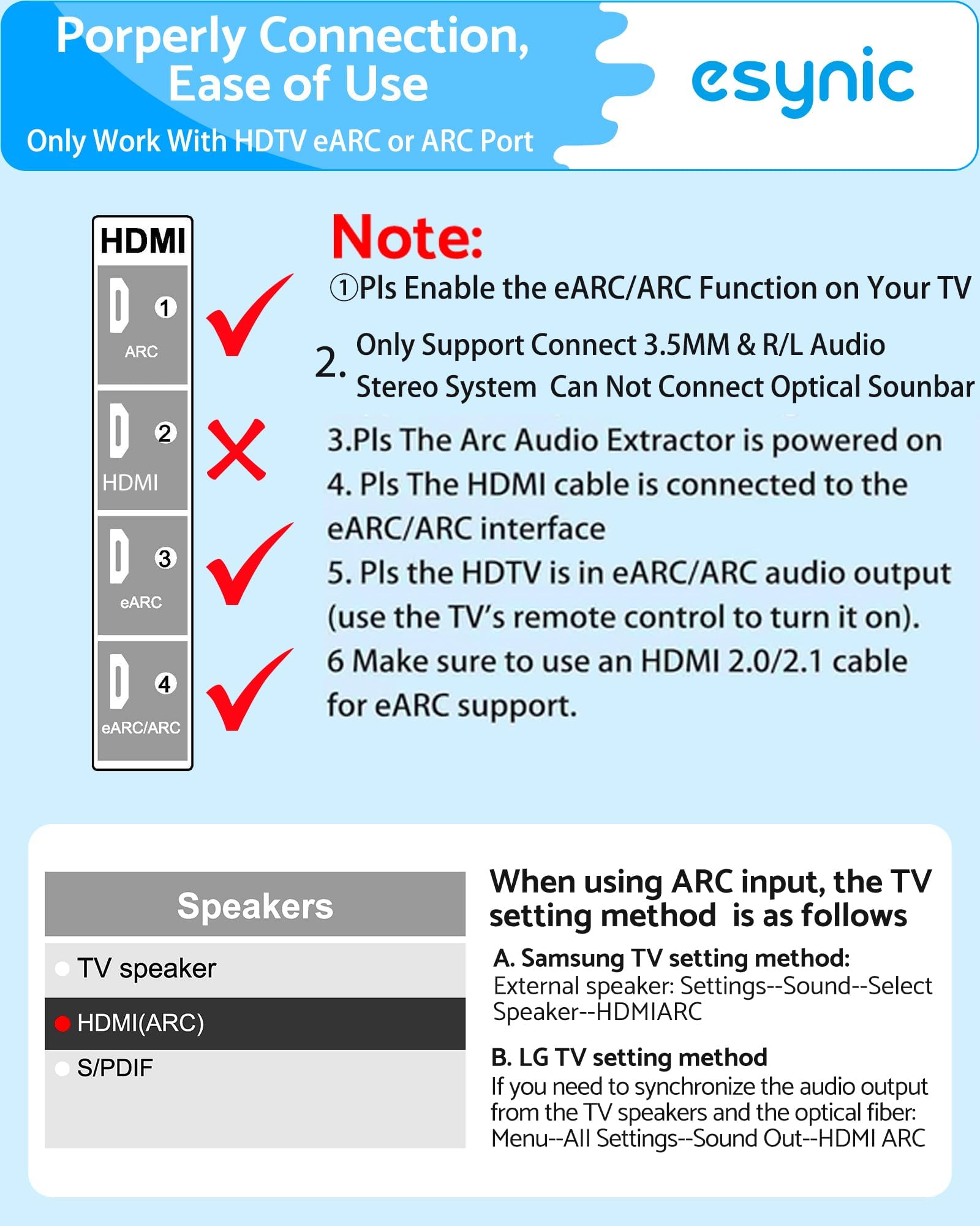 eSynic eARC/ARC na cinch kabel audio adapter HDMI do analogowego stereo L/R 192 kHz PCM CEC regulacja głośności, pilot TV do aktywnych głośników i wzmacniacza, tylko PCM Stereo