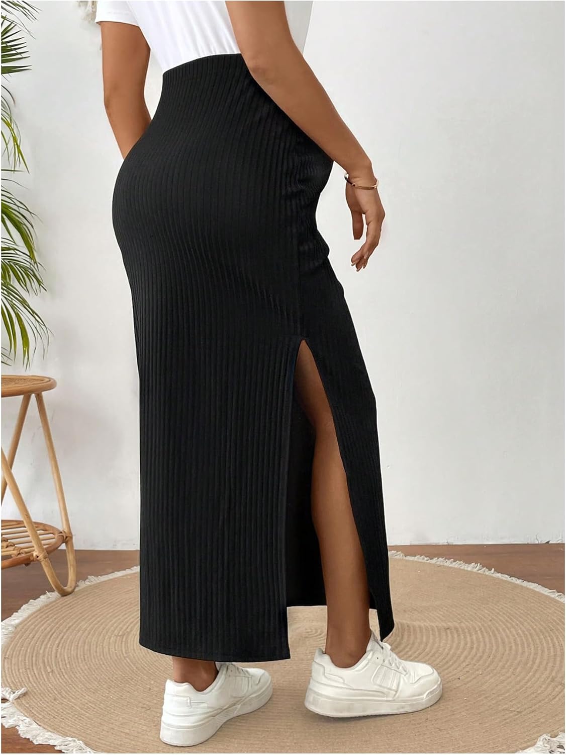 OYOANGLE Women's Maternity Ribbed Knit Skirt High Waisted Side Split Pregnancy Midi Pencil Skirt - Image 3
