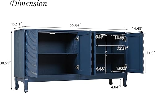 Miniatura 2 de Mesa de buffet moderna, armario de almacenamiento de credenza azul de 60 pulgadas con 4 puertas de ondas de agua talladas para cocina, comedor, sala