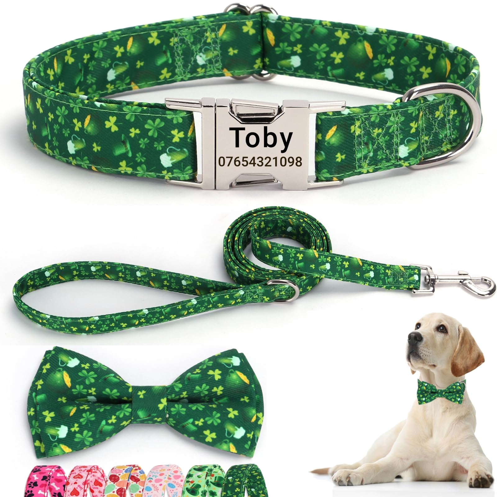 SEOUGEE St. Patrick's Day Dog Collar Personalised with Bowtie & Lead Set, Adjustable Cotton Dog Collars and Leash with Engraved Metal Buckle for Large Dogs (Shamrock Green Set, XL:Neck 45-70cm)