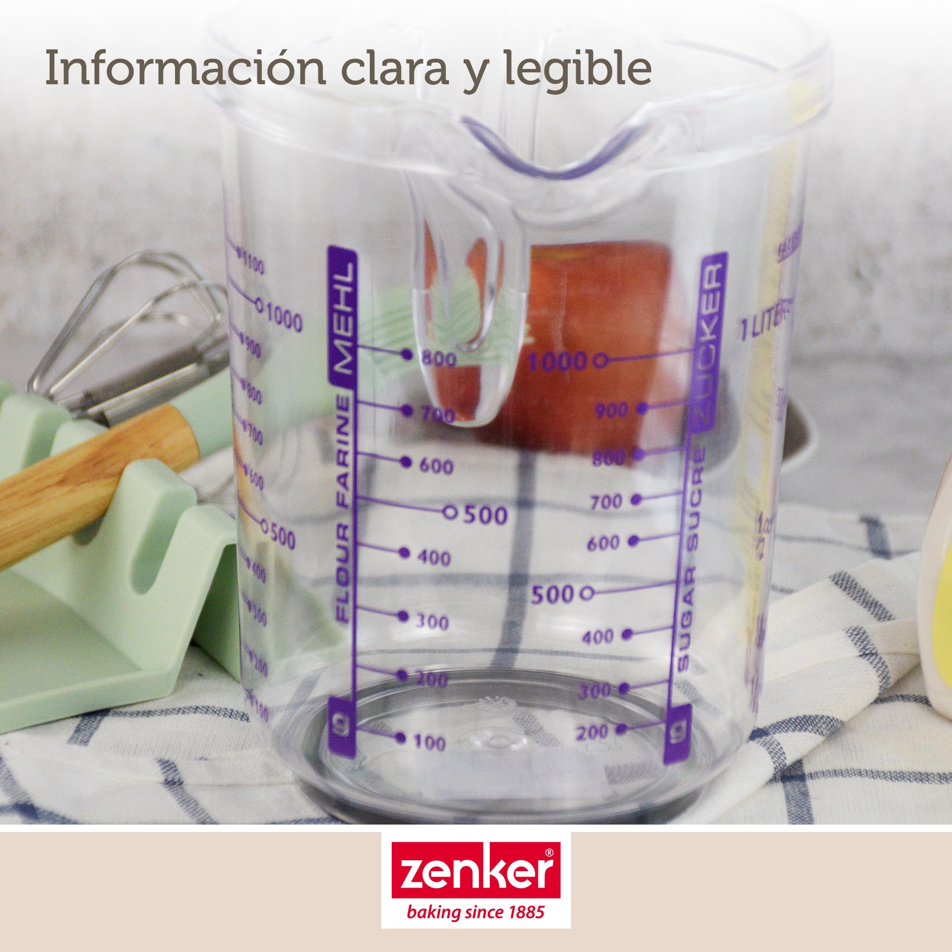 Fackelmann Jarra Medidora de Cocina, 1 litro de capacidad, con escala para medir líquidos, azúcar y harina, Plástico SAN Transparente. Medidas 17,5x12,5x16,5 cm, 1 ud