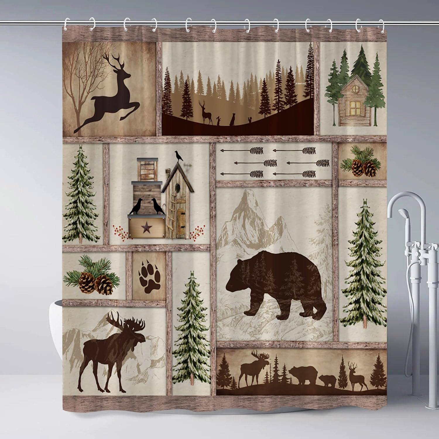 Rustic Cabin Shower Curtain Bear Deer Moose Wild Animal Winter Forest Pine Tree Farmhouse Hunting Camping Brown Bath Curtain Polyester Fabric Bathroom Accessories Set with Hooks 106Wx70H Inch