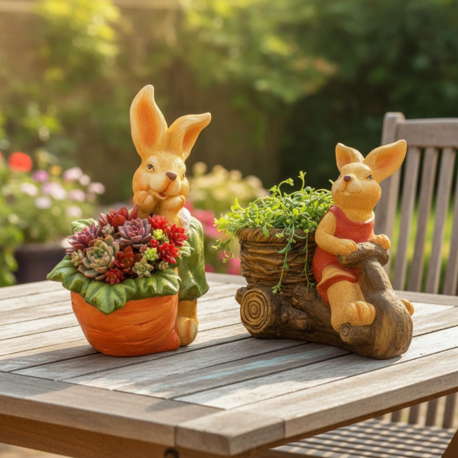 Gralara 2 Stück Pflanztopf mit Hasenfigur Dekorativ Hasenfigur-Blumentopf Frostfest Gartendeko für Gartenliebhaber