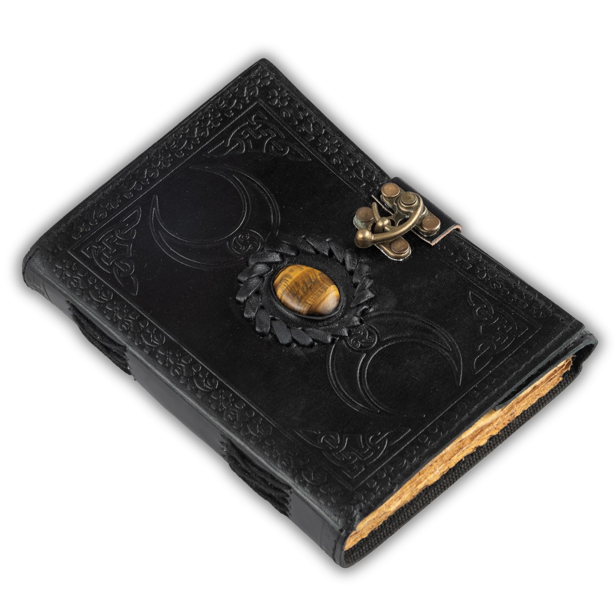 Urban Leather Celtic Moon Tiger Stone Black Leather Journal with Deckle Edge Vintage Paper, Grimoire Journal Book of Shadows Witchcraft Wiccan Spellbook, Black, Unlined Pages
