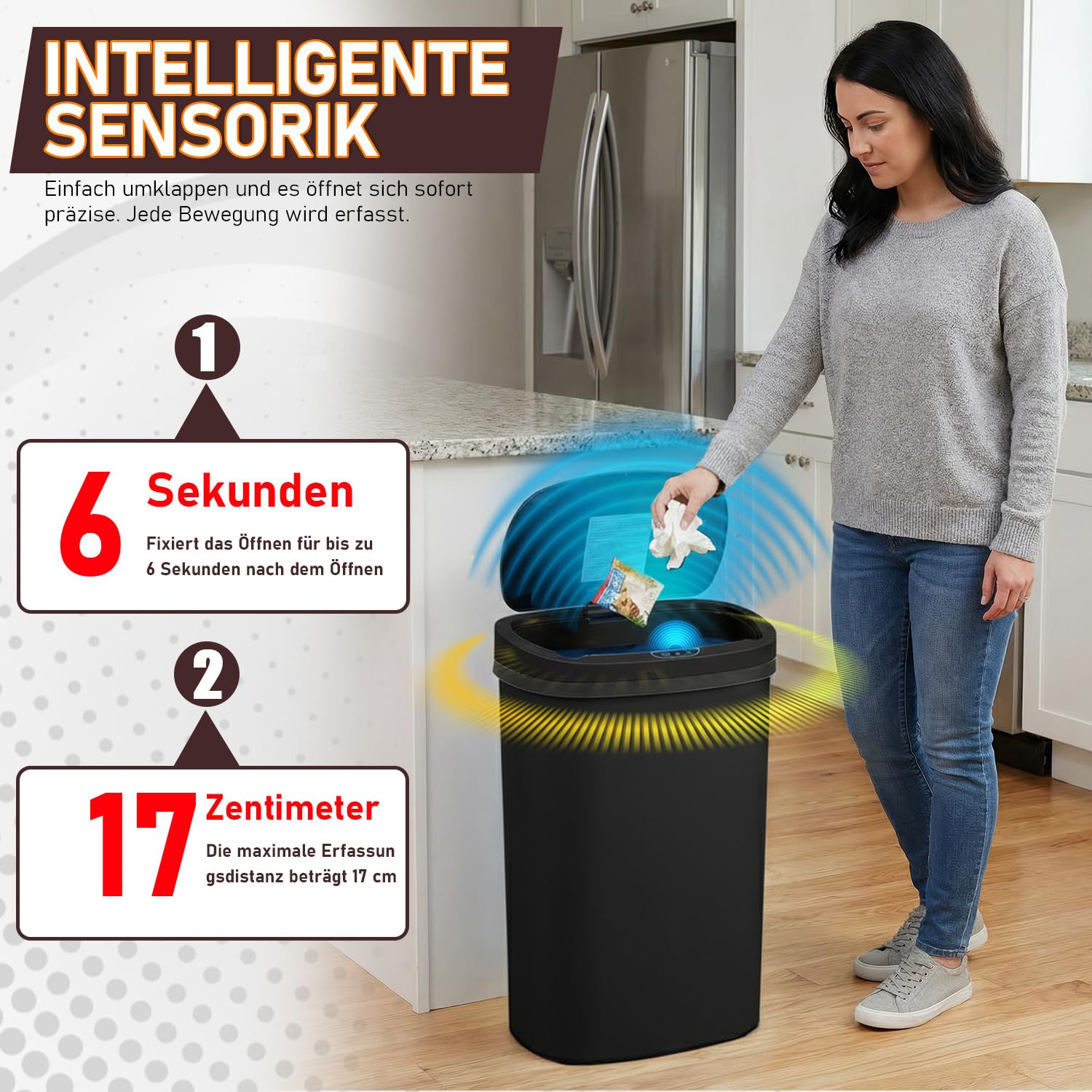 FDW Mülleimer mit Sensor & Deckel, Kunststoff, 50 L Küchenmülleimer, Smart, Automatisch, Berührungslos, Elektrischer Mülltonne, Wasserdicht, Schwarz