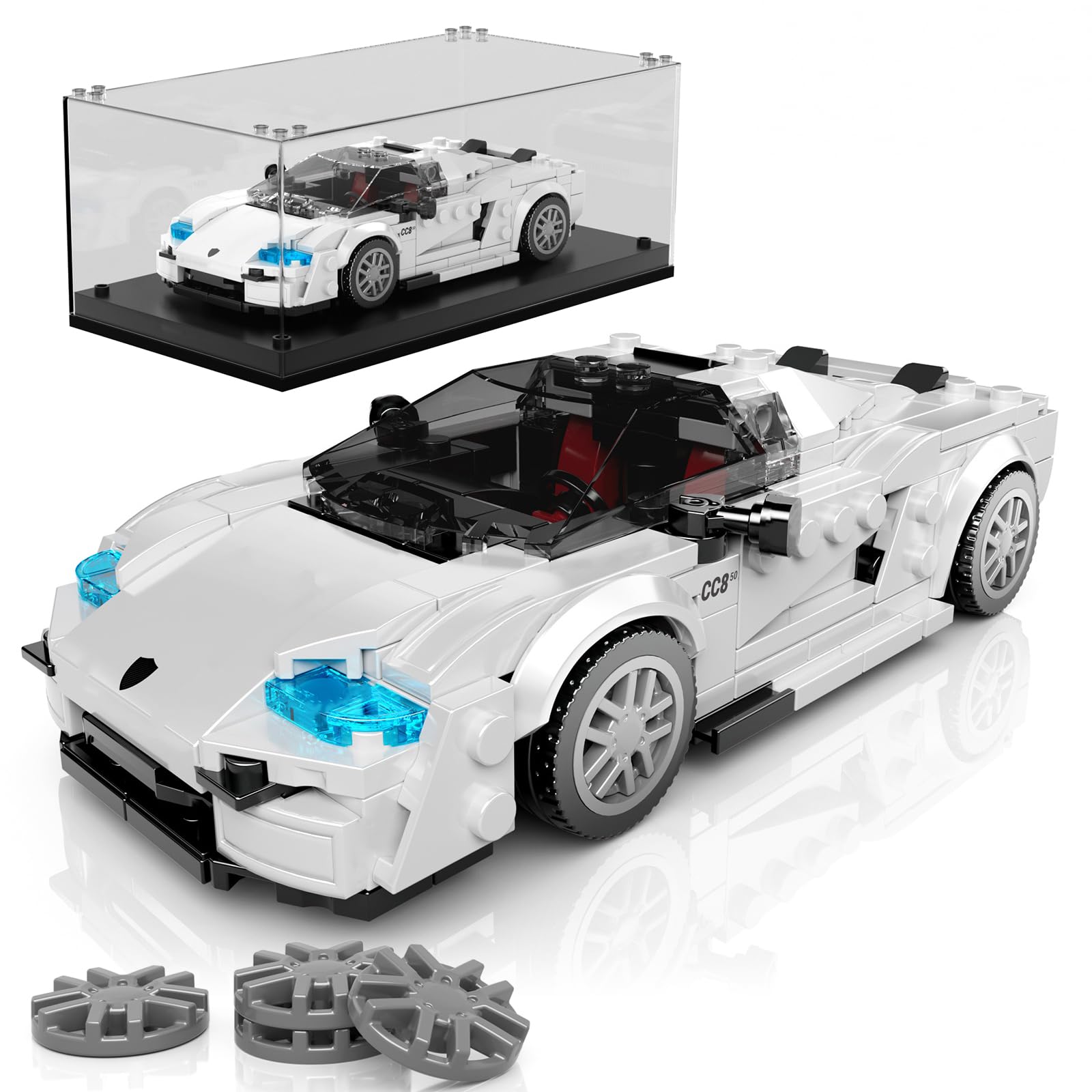 Mould King 27070 Technik Speed Champion Rennwagen Klemmbausteine CC850 Sportwagen Bausteine Autospielzeug mit Acryl Vitrine Modellautos zum Sammeln(388 Teile)