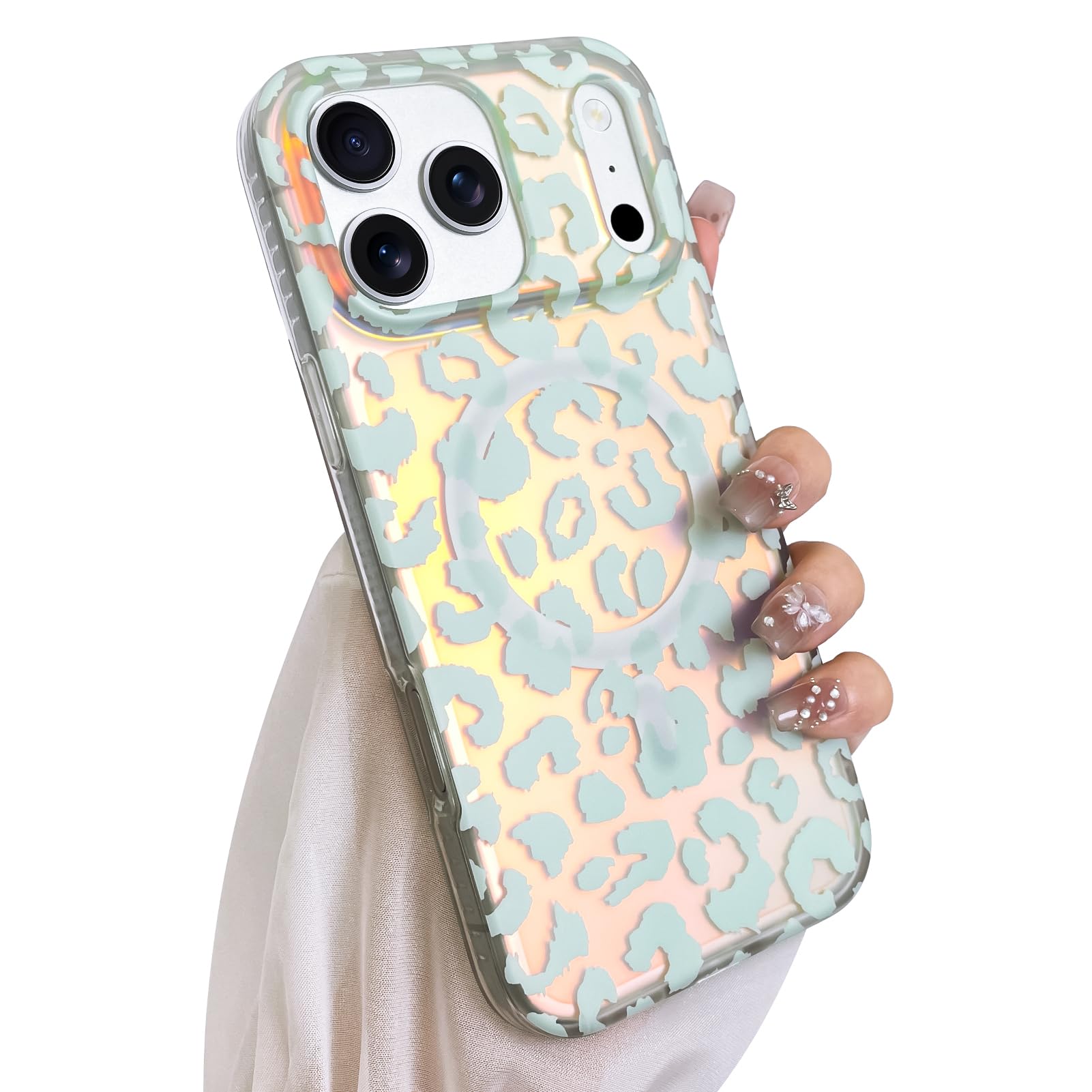 SAKUULO Custodia magnetica iridescente per iPhone 00 Pro, leopardo laser