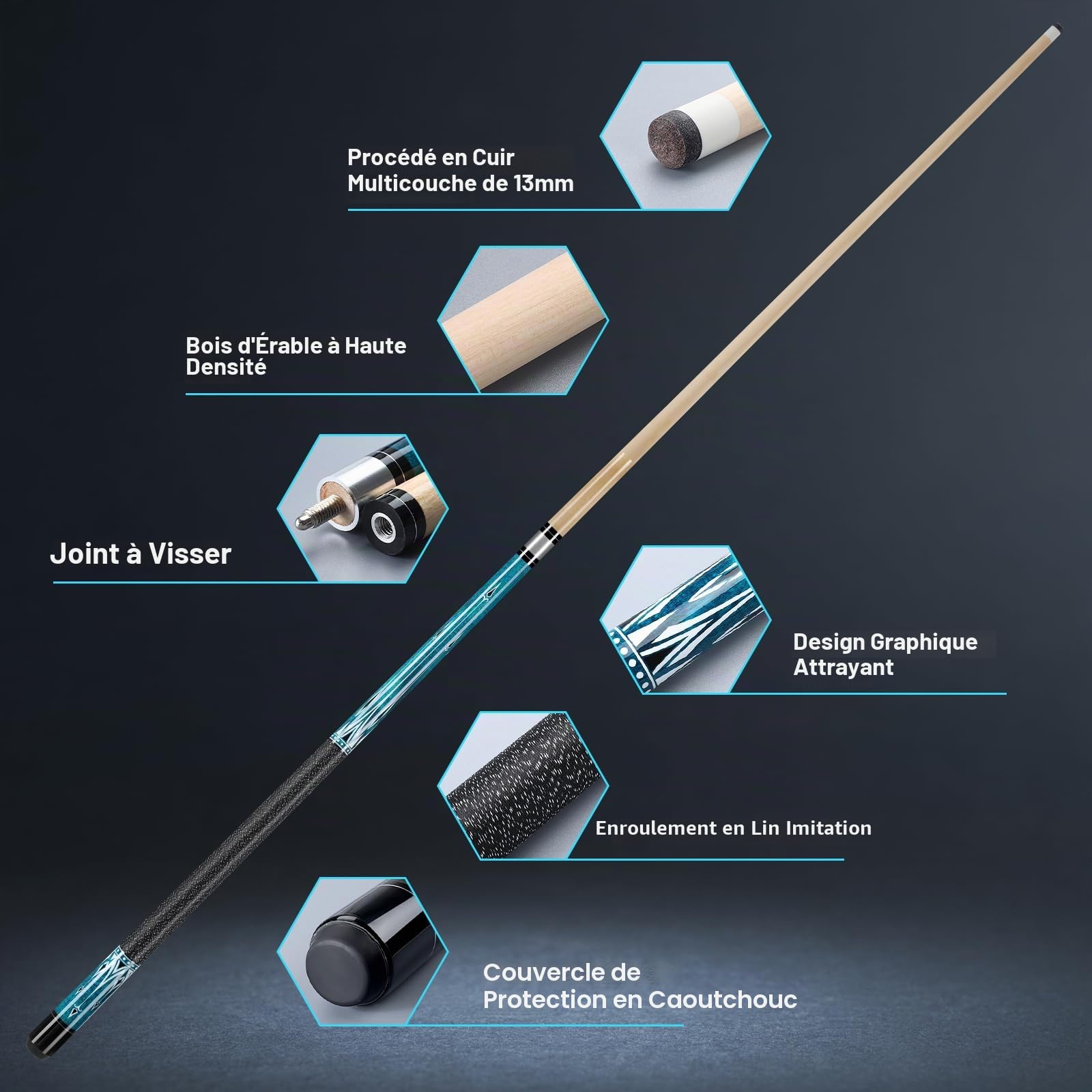 Queue de billard en bois d'érable canadien de 147 cm, 45,7 cm, 50,8 cm, 595,3 g, bâtons de billard professionnels pour bar de billard