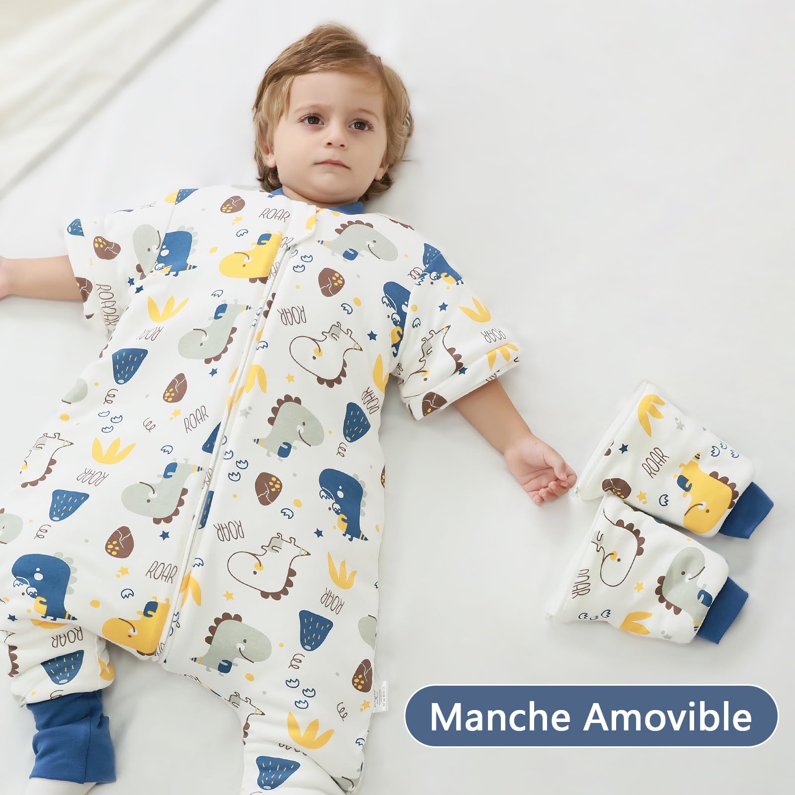 Gigoteuse pour Bébé avec Pieds, Manches Amovibles et Chaussettes - Gigoteuse Tog 3.5 Coton - Turbulette Hiver pour Bébé, Fille Garçon-Bébés Dinosaures (18-36 Mois)
