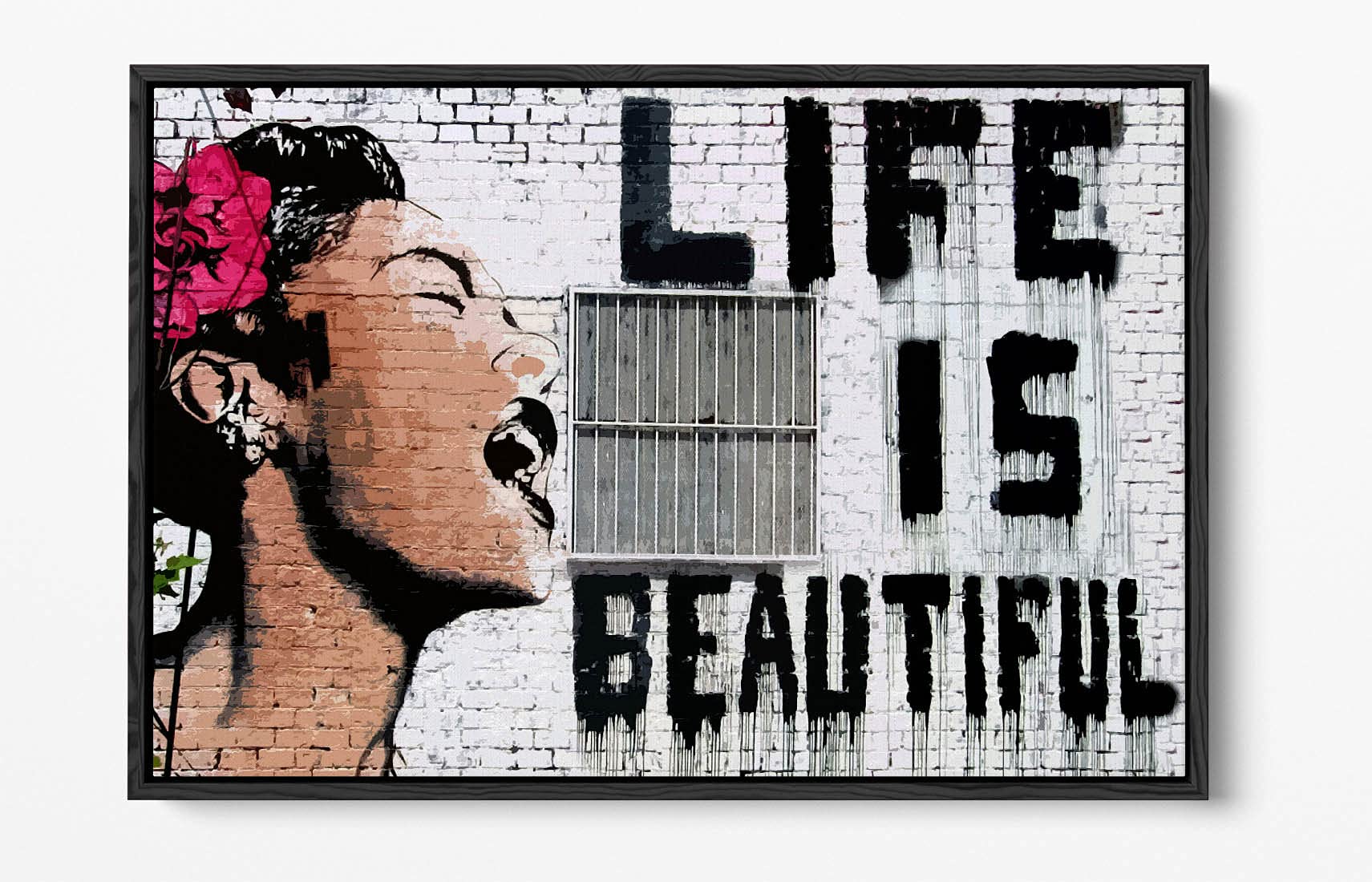 Canvasartshop Black - Banksy Life Is Beautiful Graffiti- Float Effect Framed Canvas Wall Art Picture Print (, 30X20)