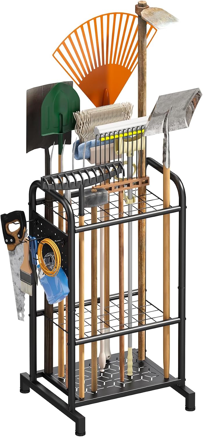 viewcare Garden Tool Organizer, Garden Tool Rack and Storage, Up to 35 Long-Handled Tools/Rakes/Brooms, Heavy Duty Steel Stand for Yard, Shed, Outdoor, Black